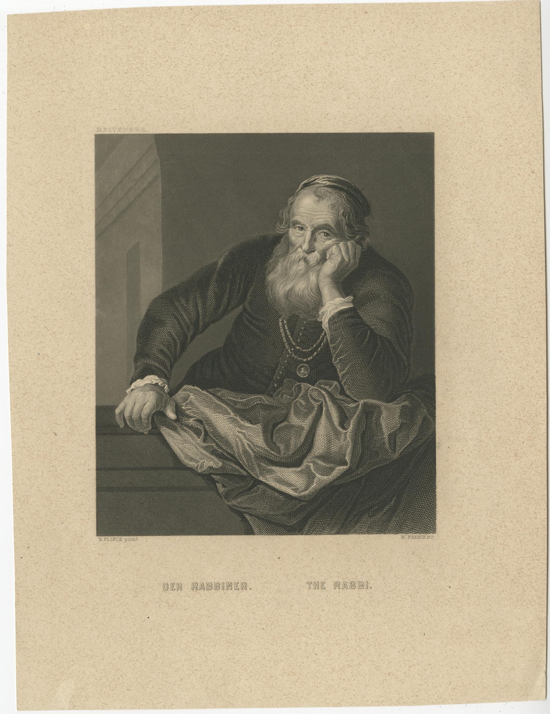 Description: Antique print titled 'Der Rabbiner - The Rabbi'. Original antique print of a rabbi. Published circa 1850. 

Artists and Engravers: Engraved by W. French after a painting by G. Flinck.

Condition: Fair, age-related toning. Strong