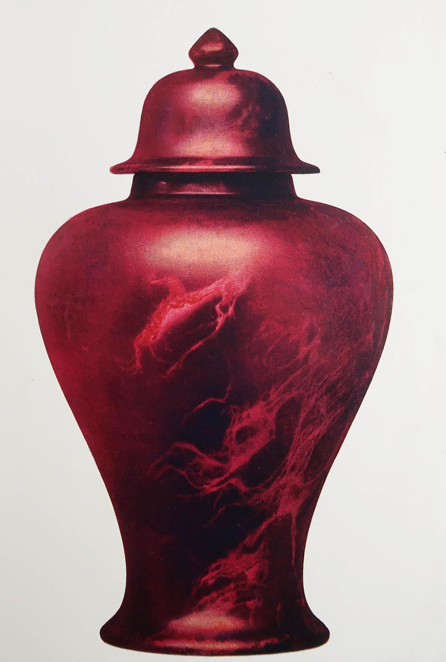 Wonderful print of an English flambe vase.

Lovely colour.

Chromolithograph 

Published by Connoisseur circa 1900

Unframed.

