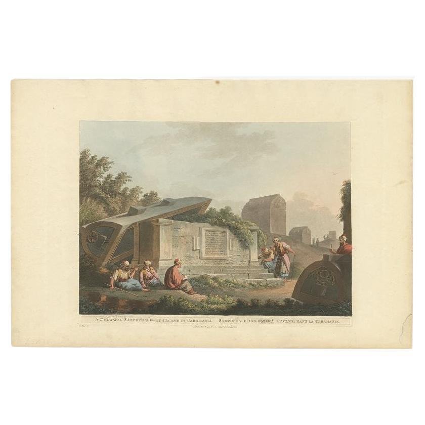 Antique print titled 'A Colossal Sarcophagus at Cacamo in Caramania'. Old print with a view on a sarcophagus at Caccamo, Carmania. This print originates from 'Views in the Ottoman Empire, chiefly in Caramania'.

Artists and Engravers: Published by