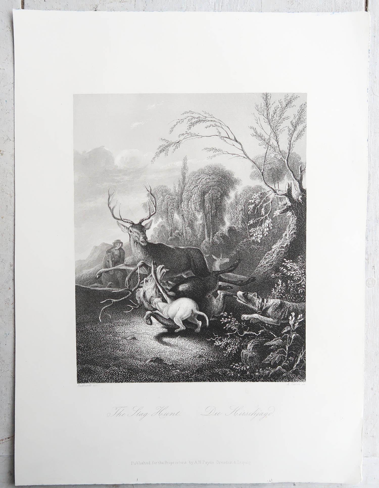 English Original Antique Print of A Stag Hunt After Carl Ruthart. C.1850 For Sale