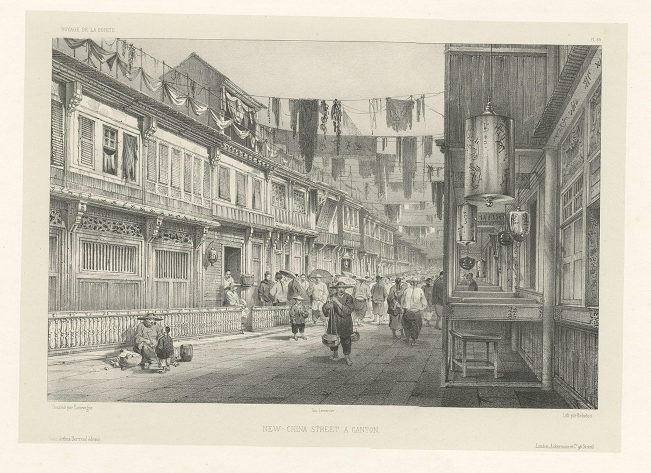 Antique print titled 'New-China Street a Canton'. 

This print depicts a street in Guangzhou, China. Originates from 'Voyage autour du monde, exécuté pendant les années 1836 et 1837 sur la corvette La Bonite (..)' by A.N. Vaillant. 

The main aim of