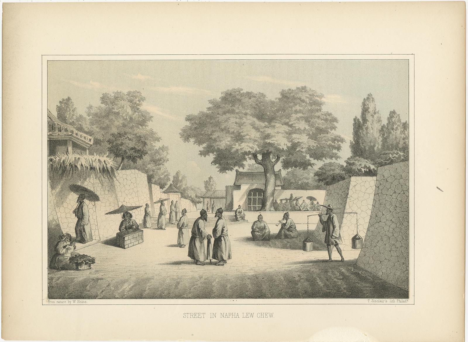 Antique print titled ‘Street in Napha Lew-Chew'. 

Antique print of a street scene in Naha, the capital city of the Okinawa Prefecture, Japan. Okinawa used to be called Great Lew Chew Island. This print originates from 'Narrative of the expedition