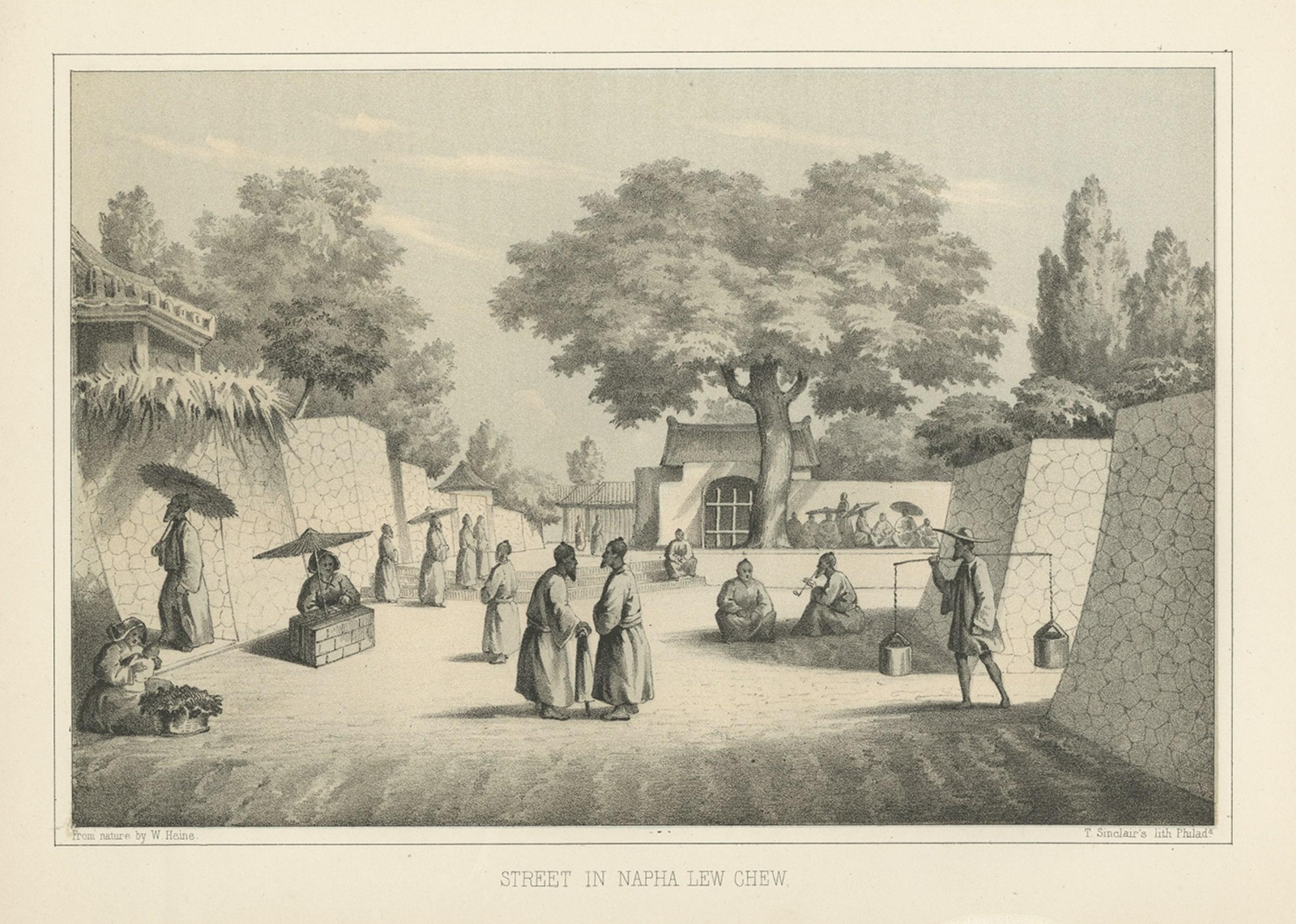 Original Antique Print of a Street Scene in Naha, Okinawa in Japan, 1856 In Good Condition For Sale In Langweer, NL
