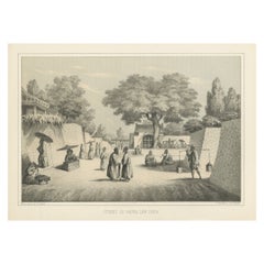 Impression ancienne originale d'une scène de rue à Naha, Okinawa, au Japon, 1856