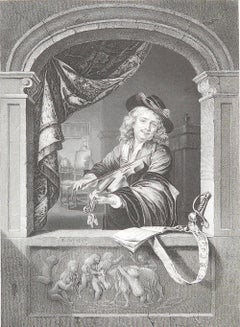 Original Antique Print of A " Violin Player " After Gerrit Dou. C.1850