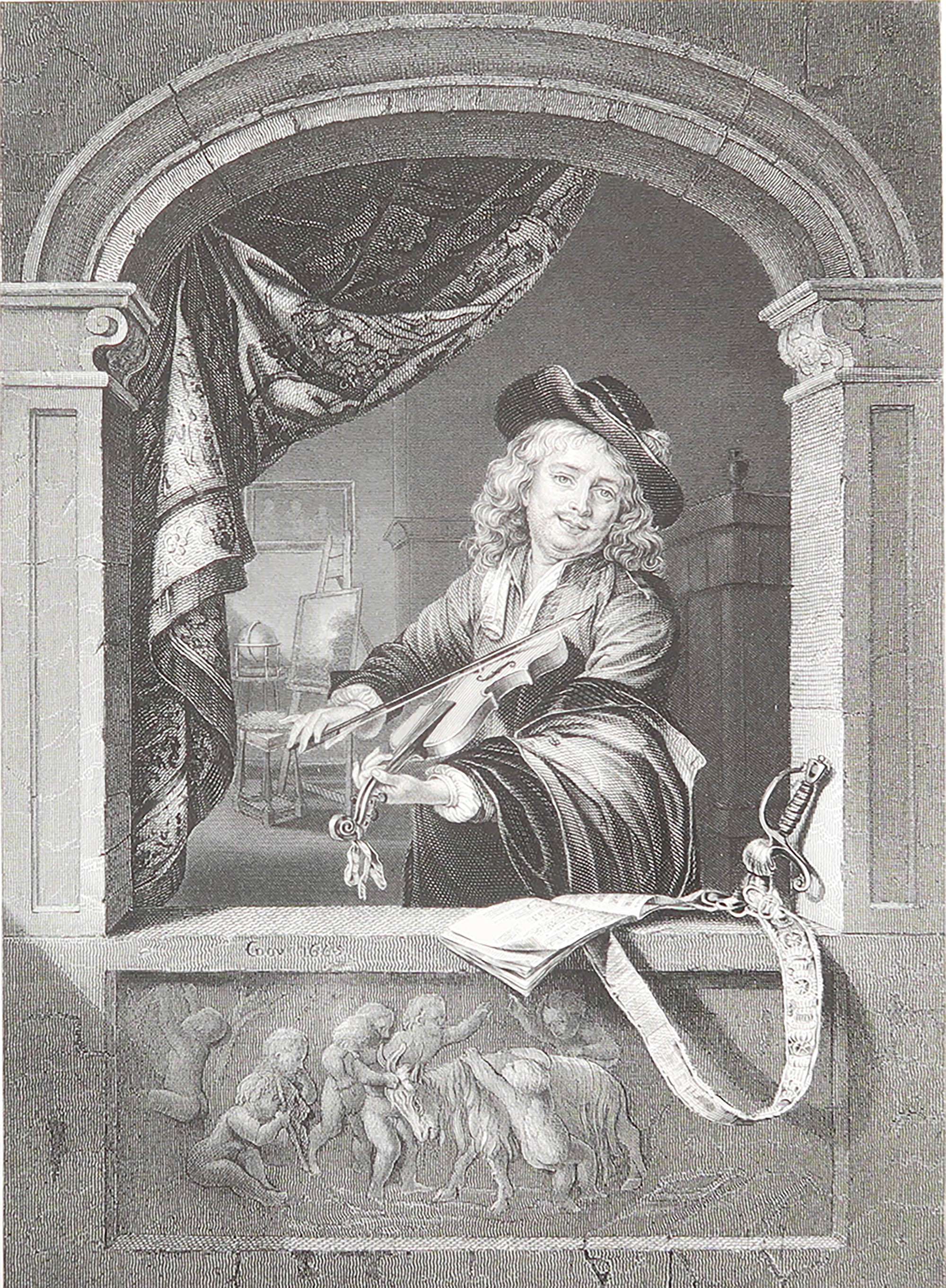 Gravure ancienne originale d'un " joueur de violon " d'après Gerrit Dou. C.1850 en vente