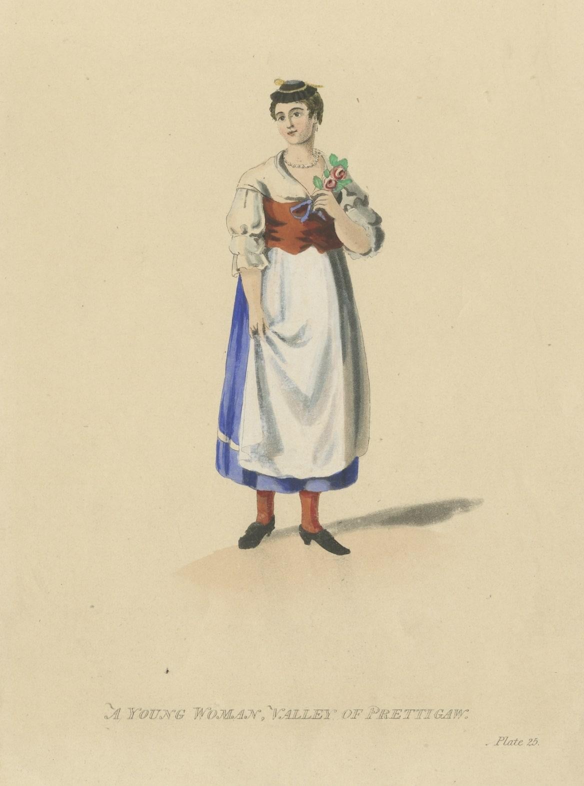 Impression ancienne originale d'une jeune femme de Prttigau, Suisse, ca.1815 Bon état - En vente à Langweer, NL