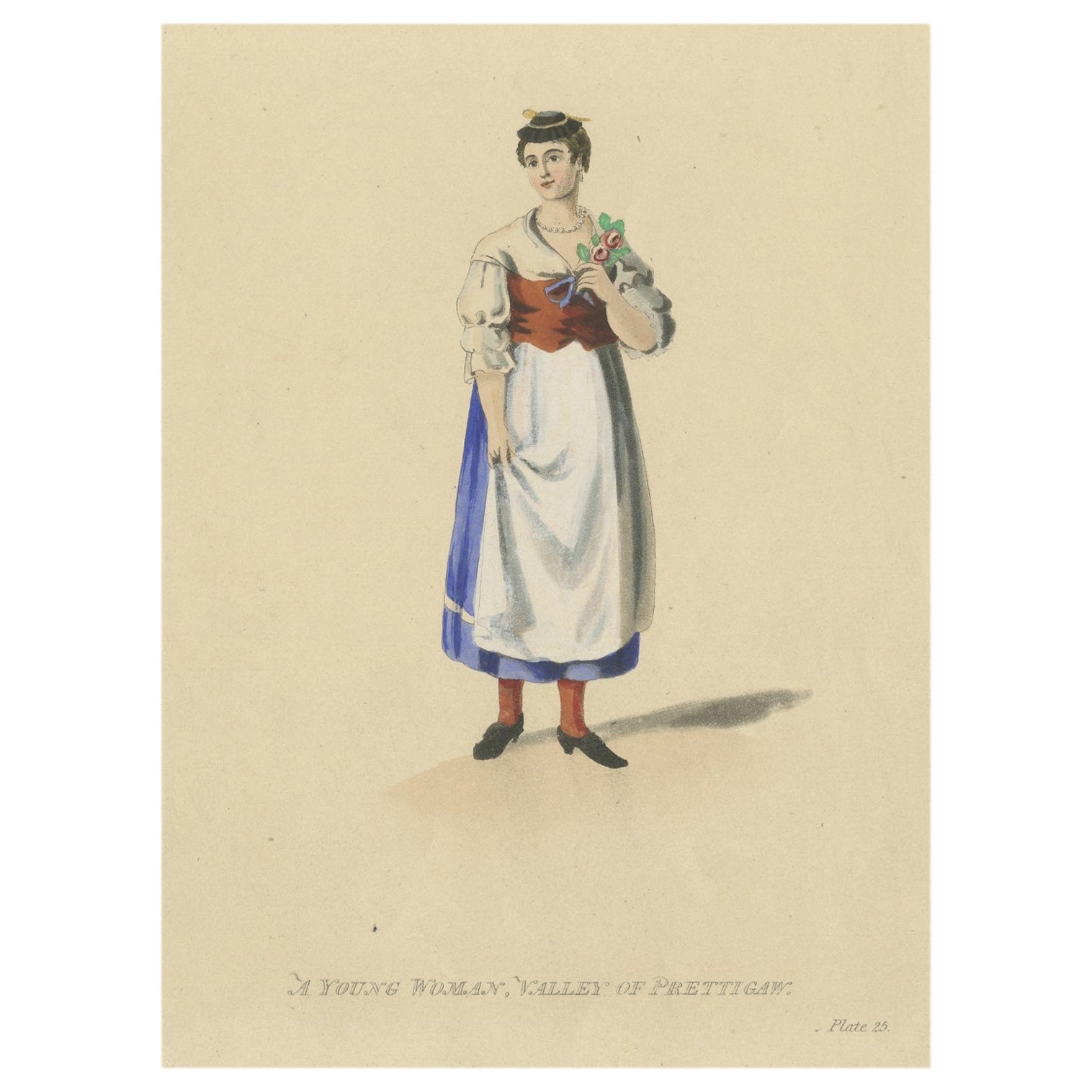 Original antiker Originaldruck einer jungen Frau aus Prttigau, Schweiz, ca.1815 im Angebot