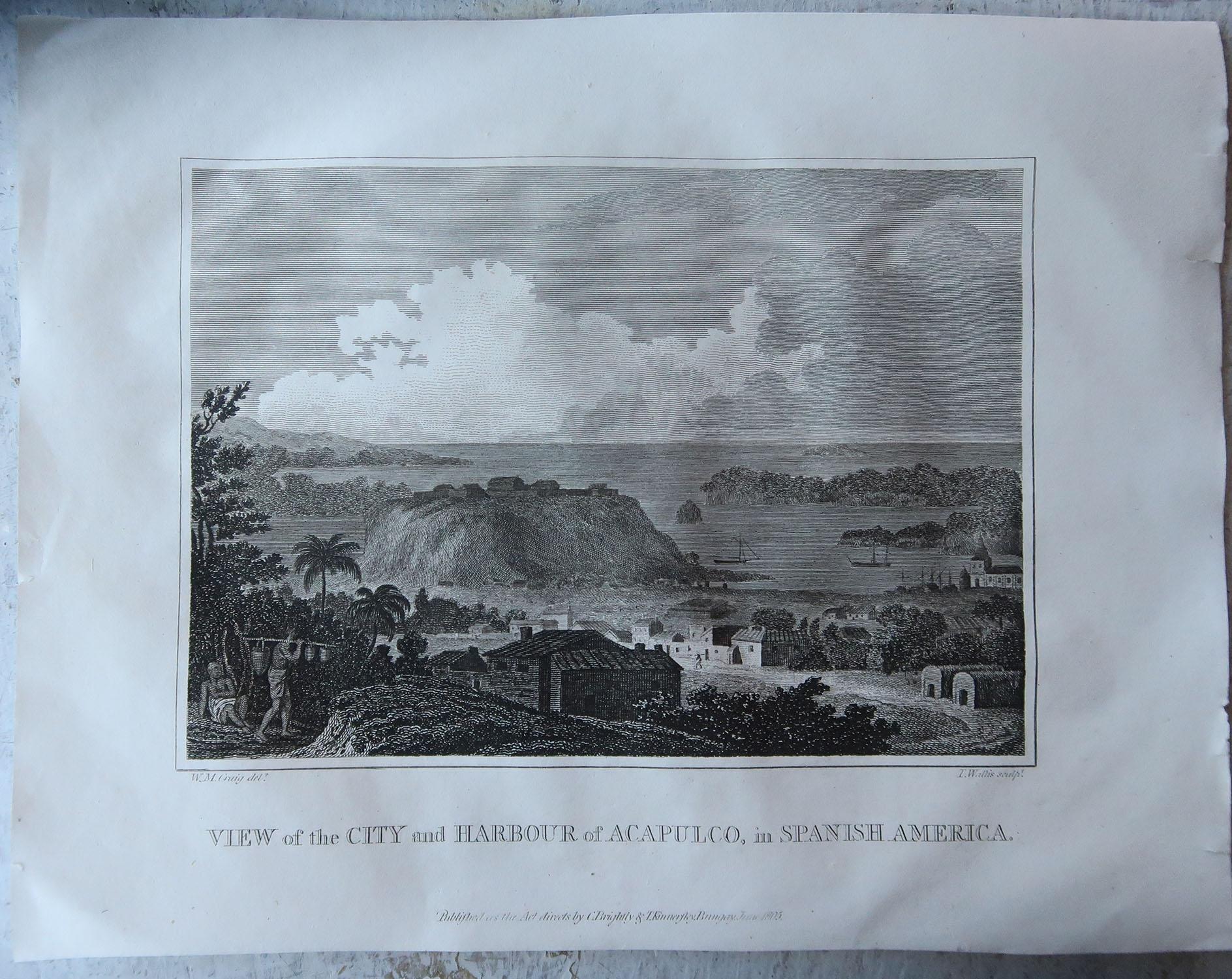 English Original Antique Print of Acapulco, Mexico, Dated 1805 For Sale
