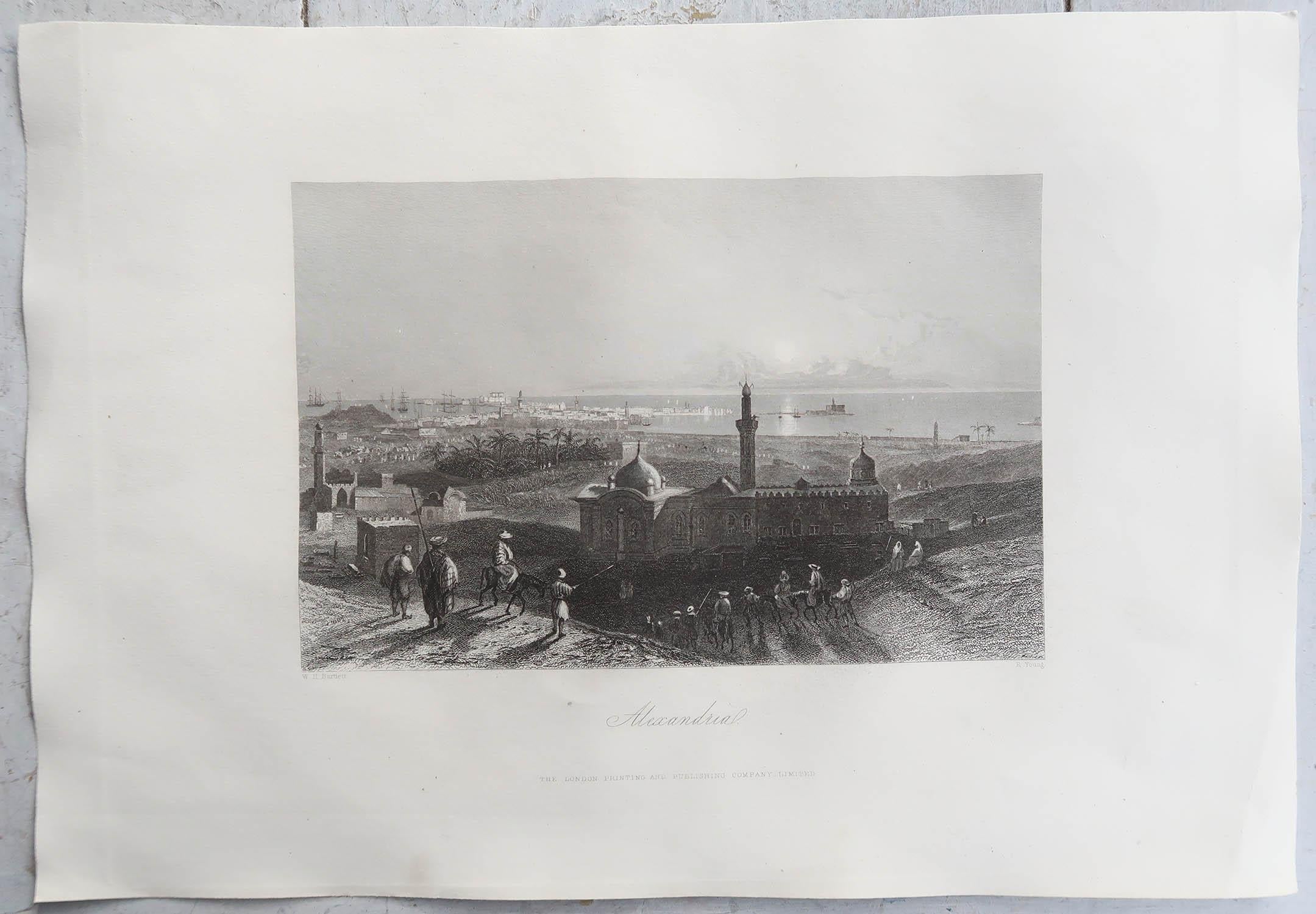 Grabado original antiguo de Alejandría, Egipto, hacia 1850 Morisco en venta