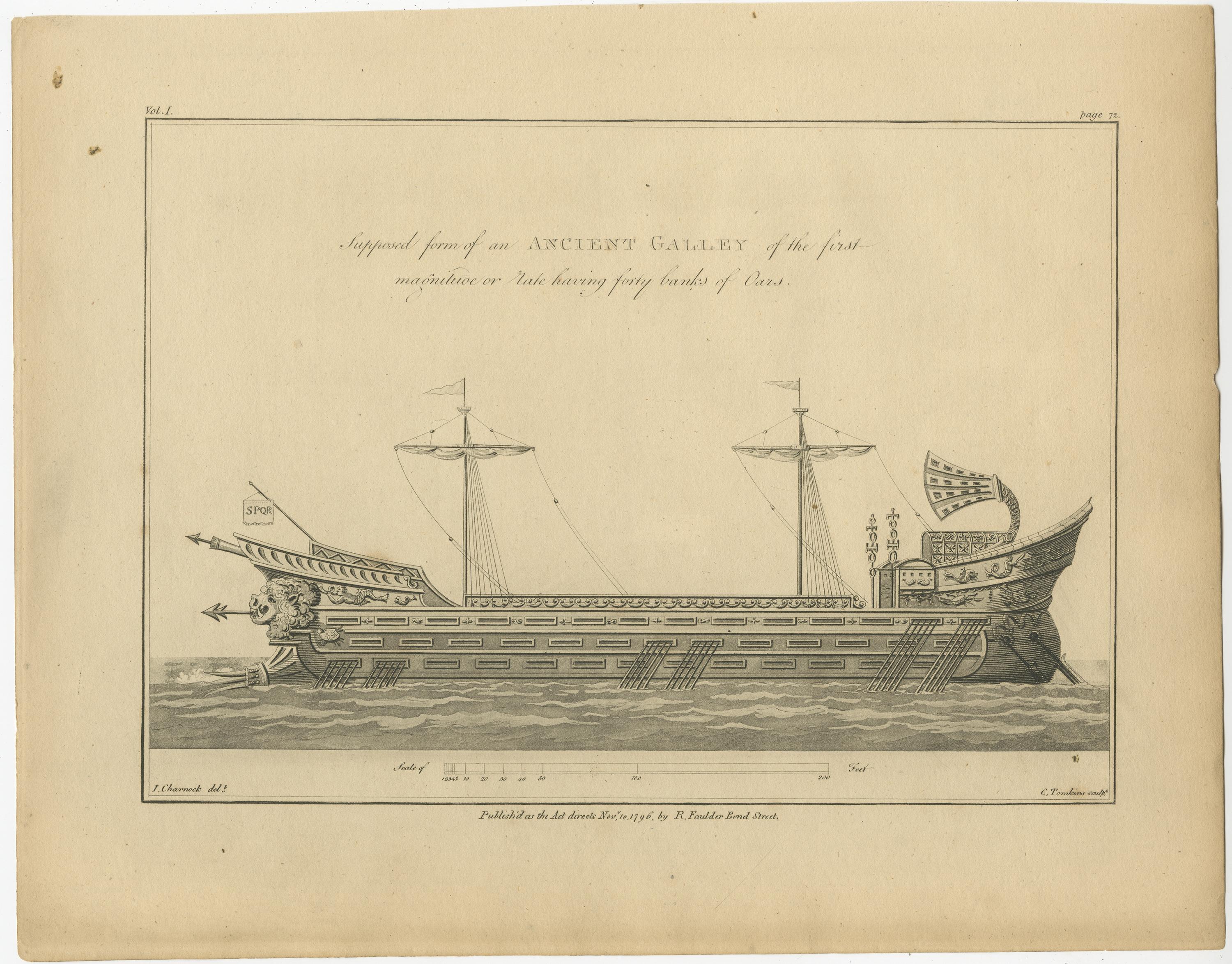 Antique print titled 'Supposed form of an Ancient Galley (..)'. 

View of an ancient galley. This print originates from John Charnock's 'History of Marine Architecture'. Published 1802. 


Artists and Engravers: John Charnock's 'History of
