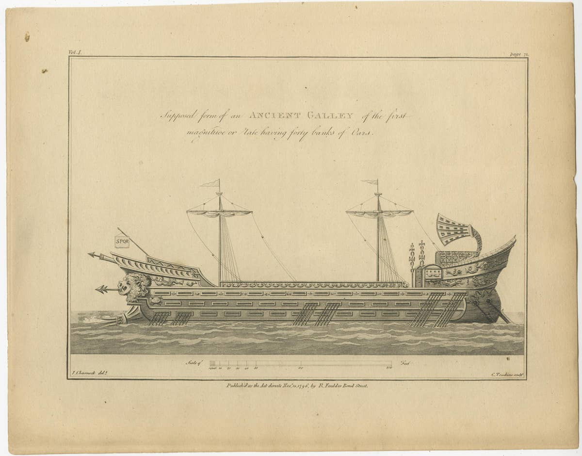 Original Antique Print of an Ancient Galley, 1802