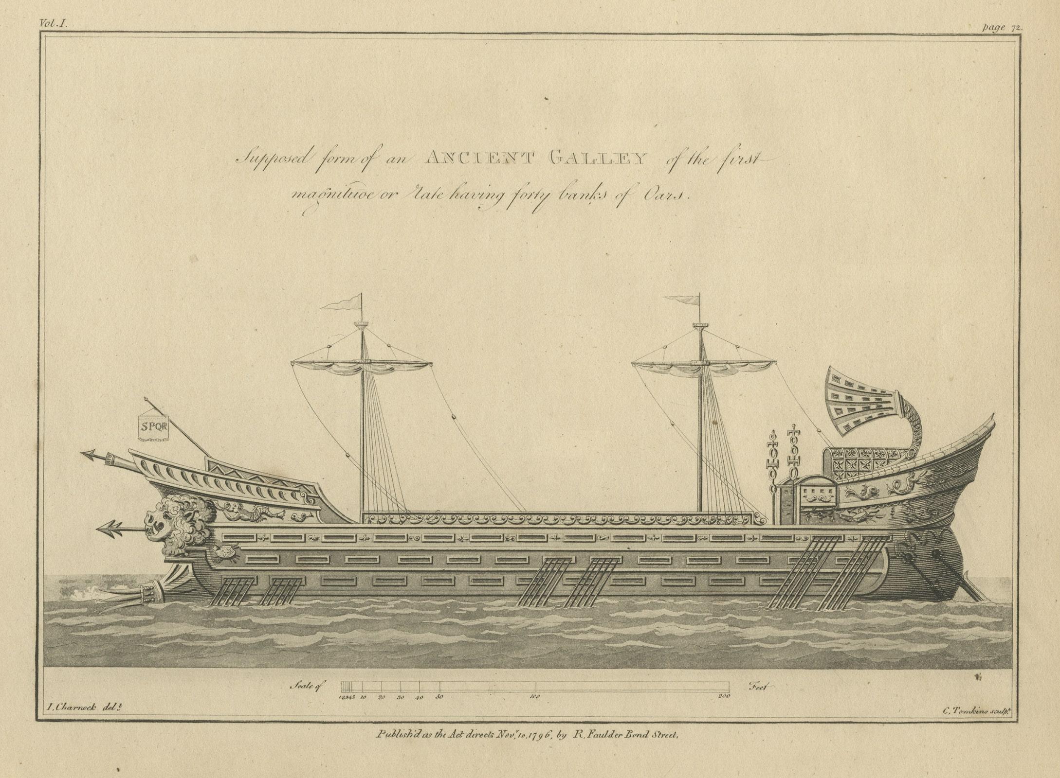 Original Antique Print of an Ancient Galley, 1802 In Fair Condition For Sale In Langweer, NL