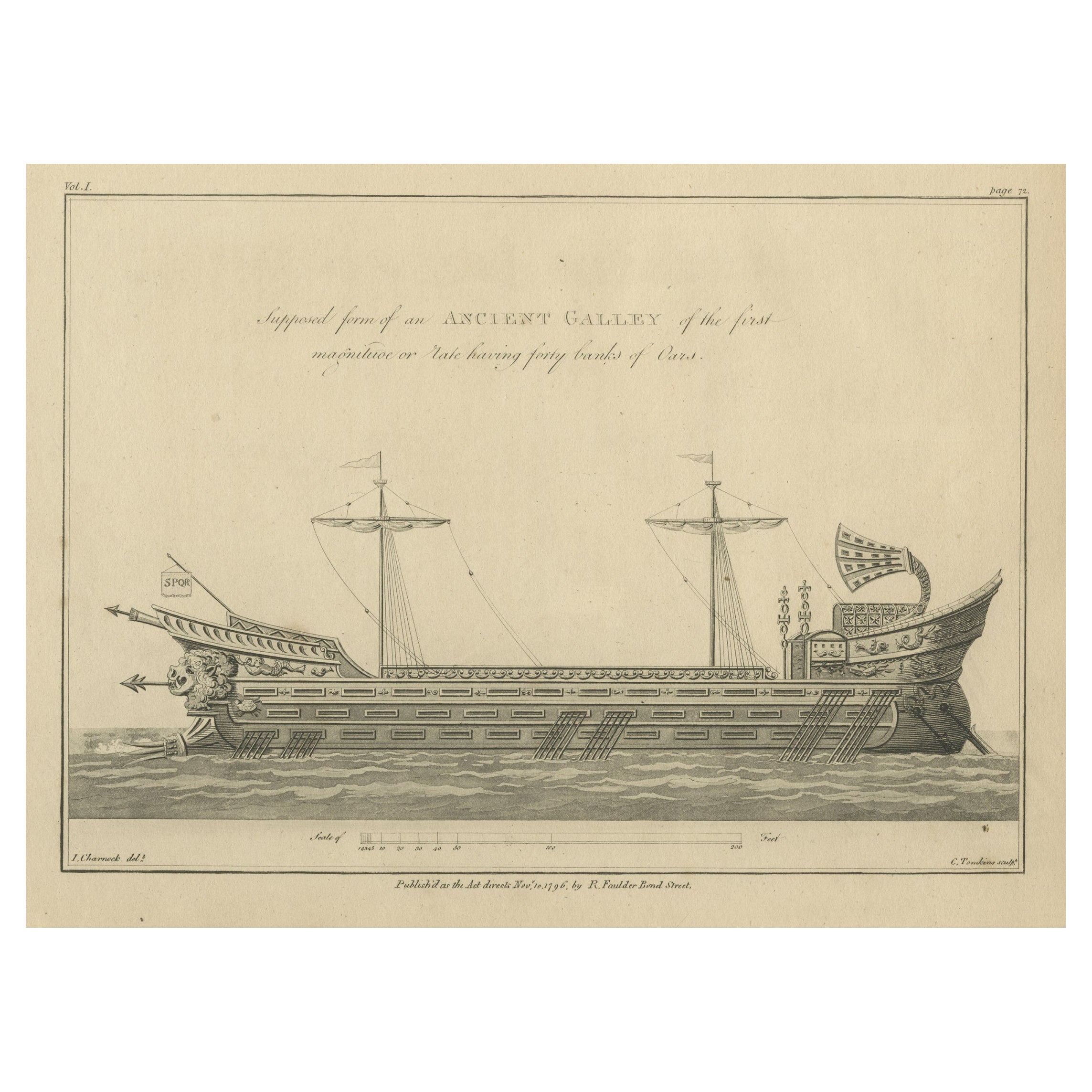 Original Antique Print of an Ancient Galley, 1802