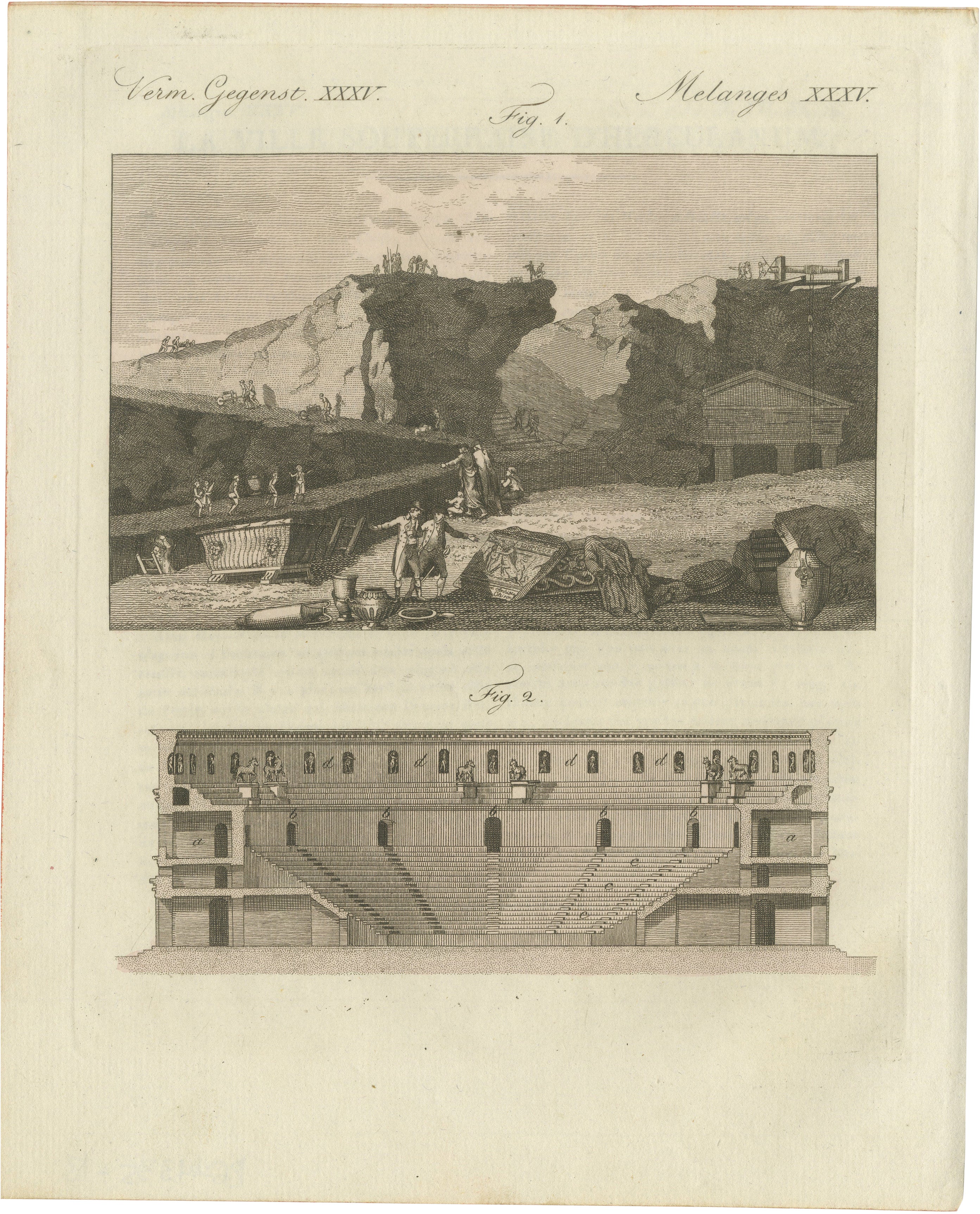 Original Antique Print of an Ancient Theatre and Archaeological Excavation, 1800