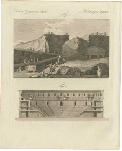 Gravure ancienne originale représentant un théâtre antique et des fouilles archéologiques, 1800