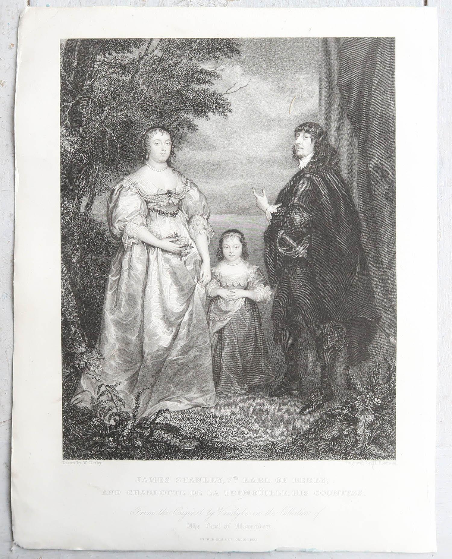 Renaissance Original Antique Print of An Aristocratic Family After Van Dyck. Dated 1832 For Sale