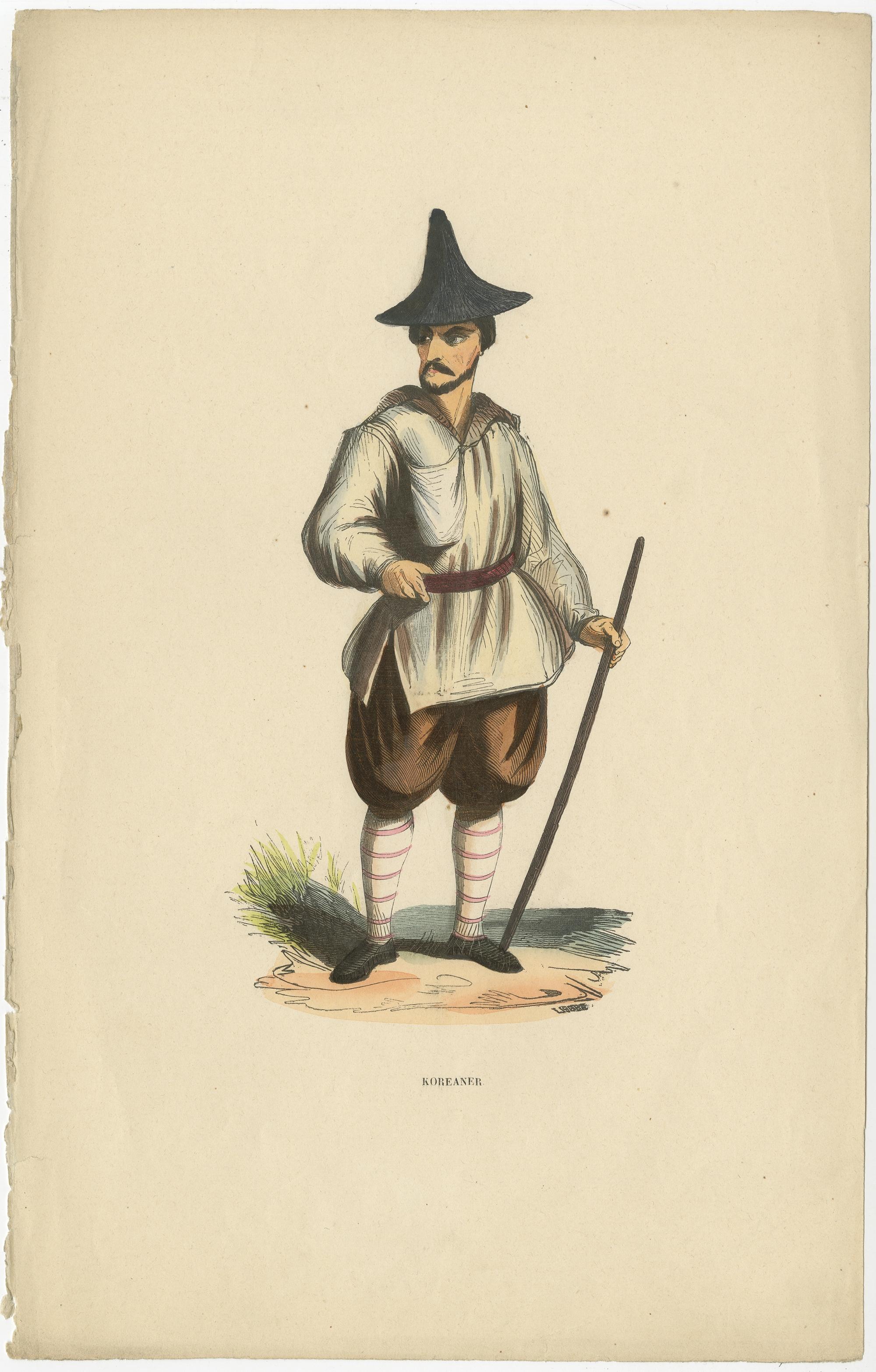 Original Antique Print of an Inhabitant of Korea, ca.1845 In Good Condition For Sale In Langweer, NL