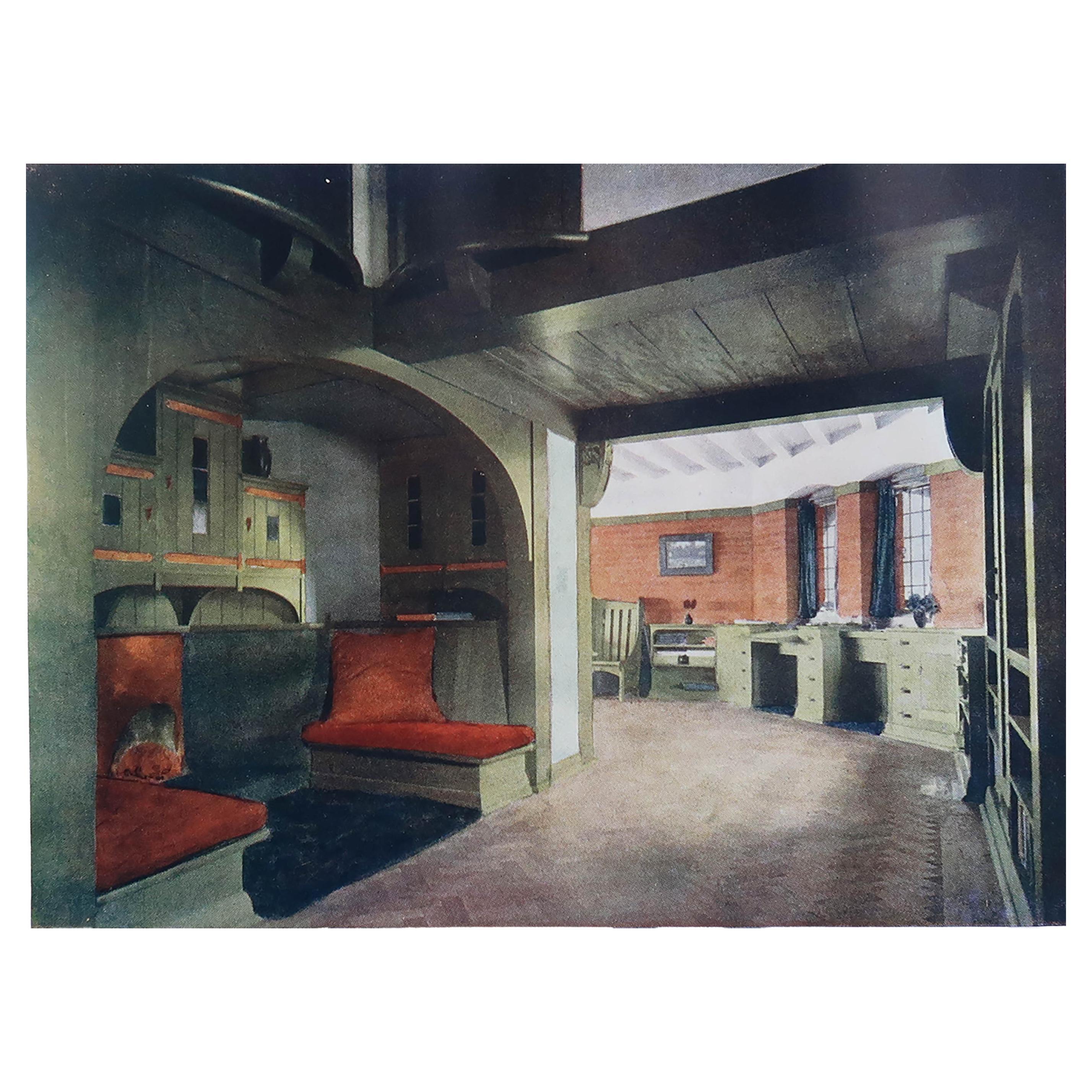 Gravure ancienne originale d'un intérieur réalisé par Parker et Unwin, architectes. 1906