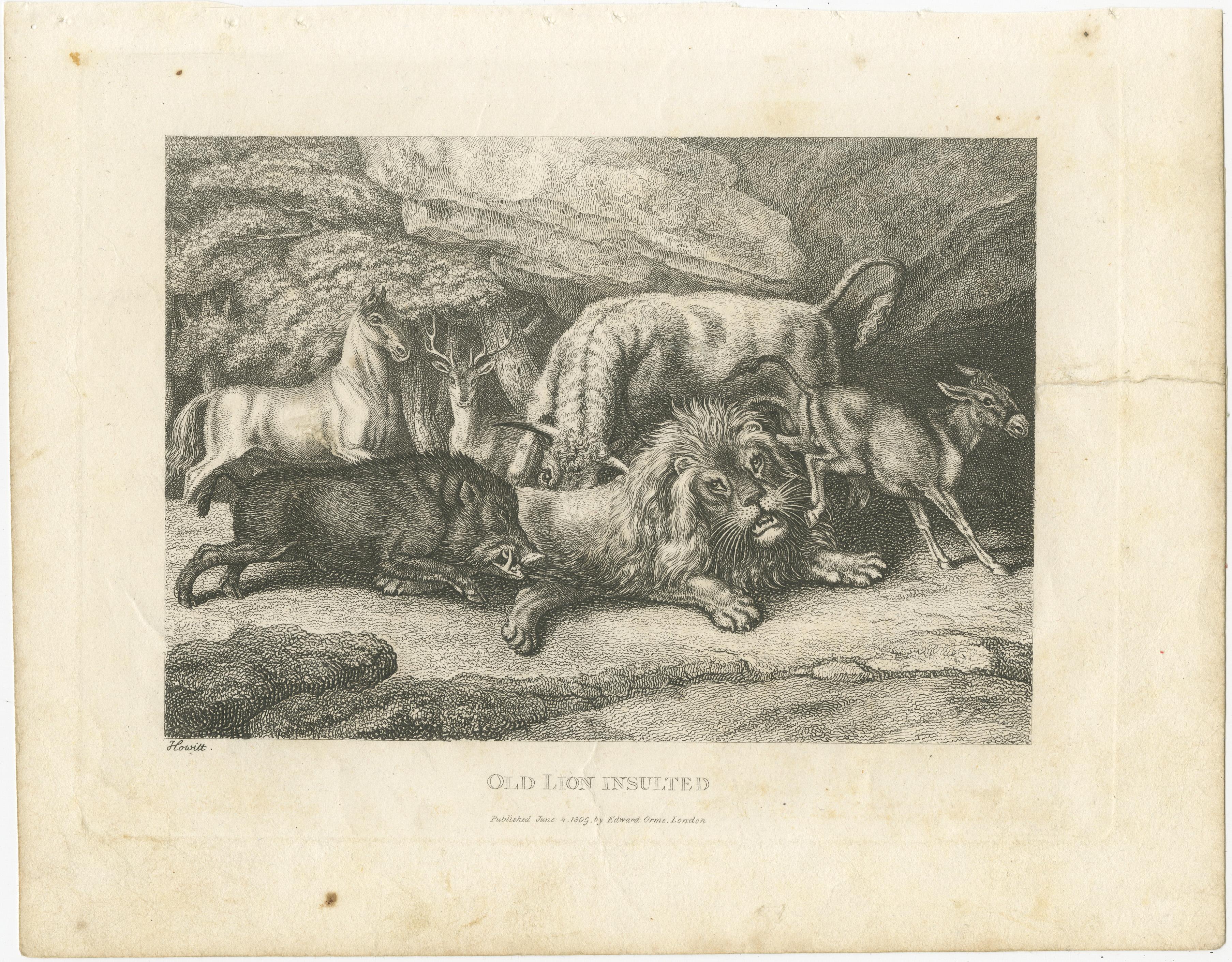 Antique print titled 'Old Lion Insulted'. This print originates from a series depicting fables by Samuel Howitt. Samuel Howitt was an English painter, illustrator and etcher of animals, hunting, horse-racing and landscape scenes. He worked in both