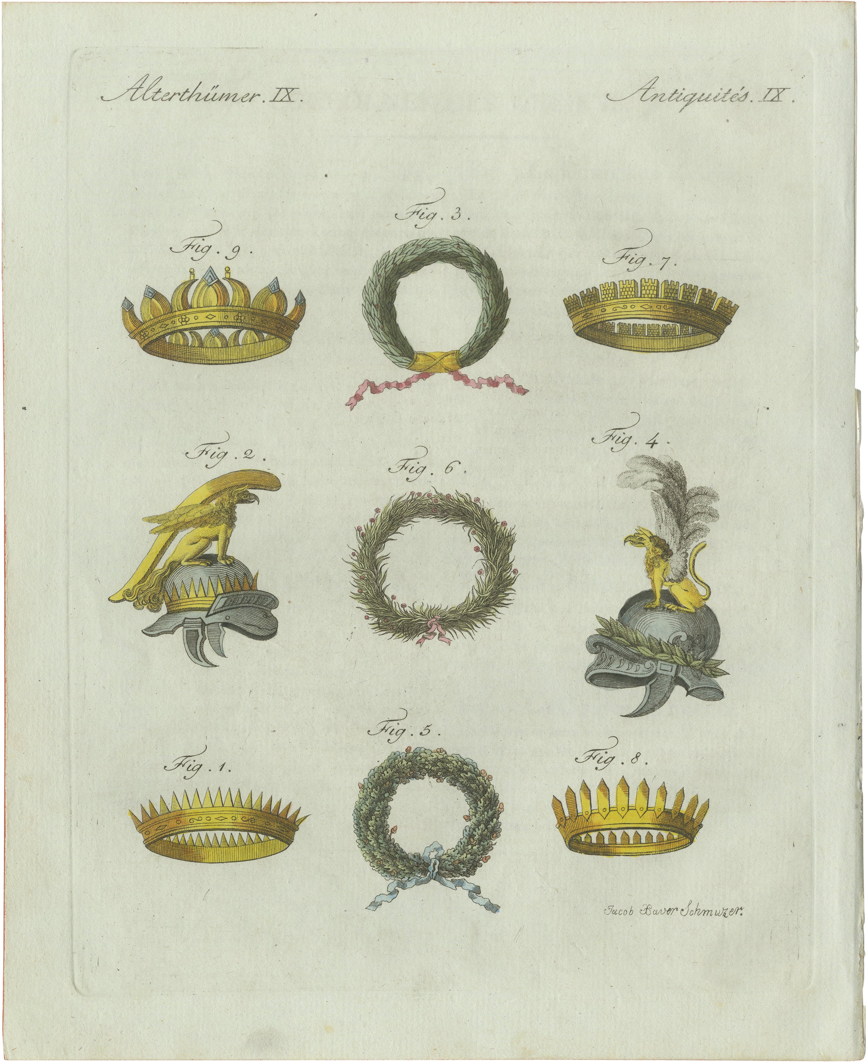 Original Antique Print of Ancient Crowns and Laurel Wreaths by Bertuch, c. 1800
