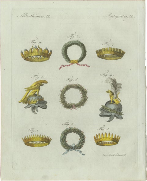 Original Antique Print of Ancient Crowns and Laurel Wreaths by Bertuch, c. 1800