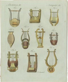 Original Antique Print of Ancient Greek and Roman Lyres by Bertuch, 1802