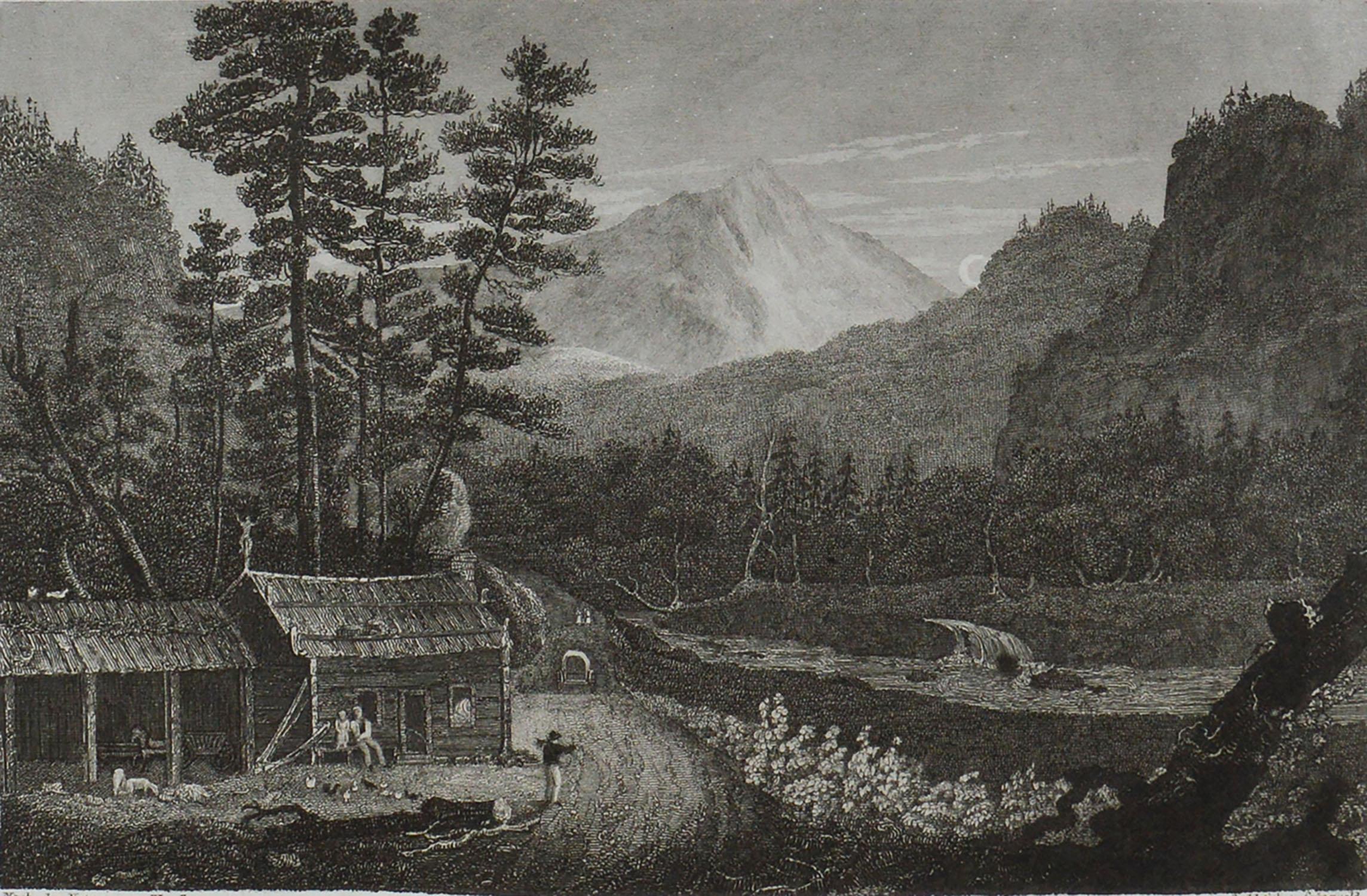 German Original Antique Print of Ansiedlers Blockhouse, Pennsylvania, circa 1840