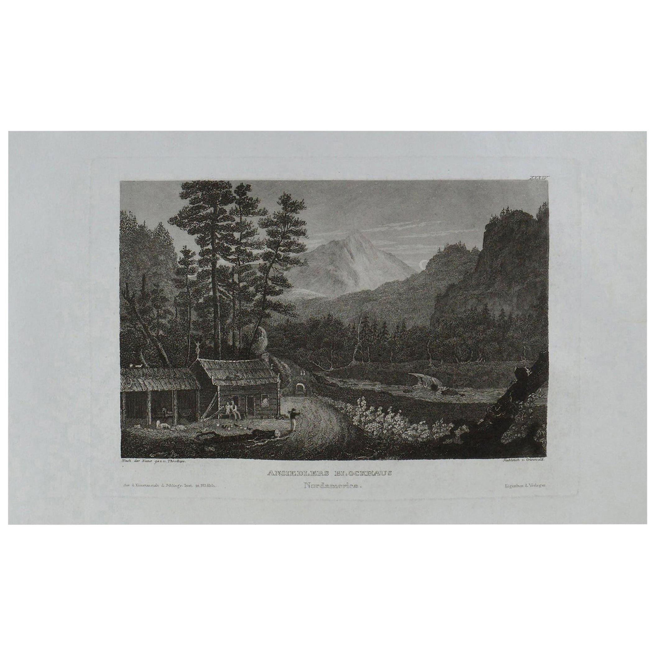 Original Antique Print of Ansiedlers Blockhouse, Pennsylvania, circa 1840