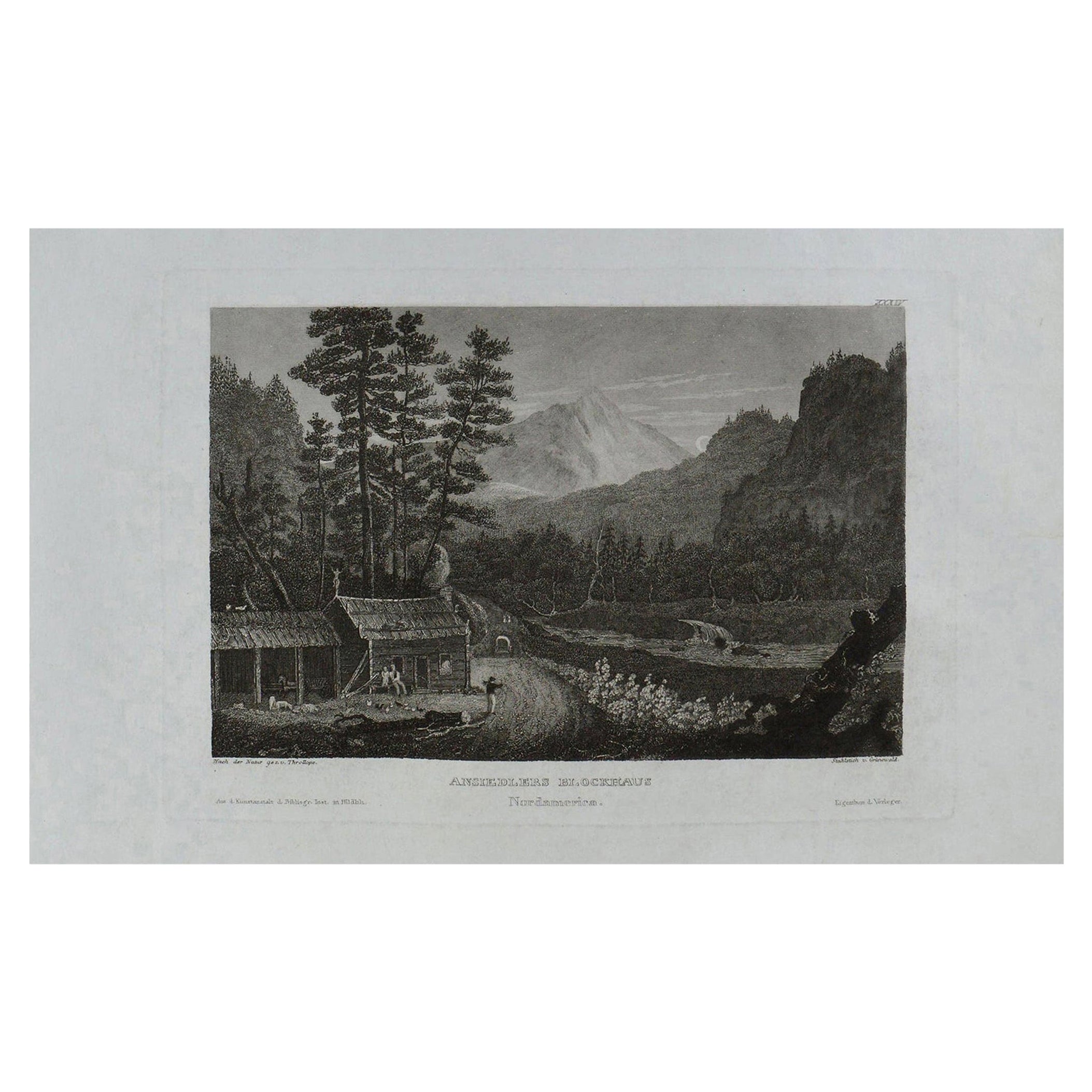 Original Antique Print of Ansiedlers Blockhouse, Pennsylvania, circa 1840