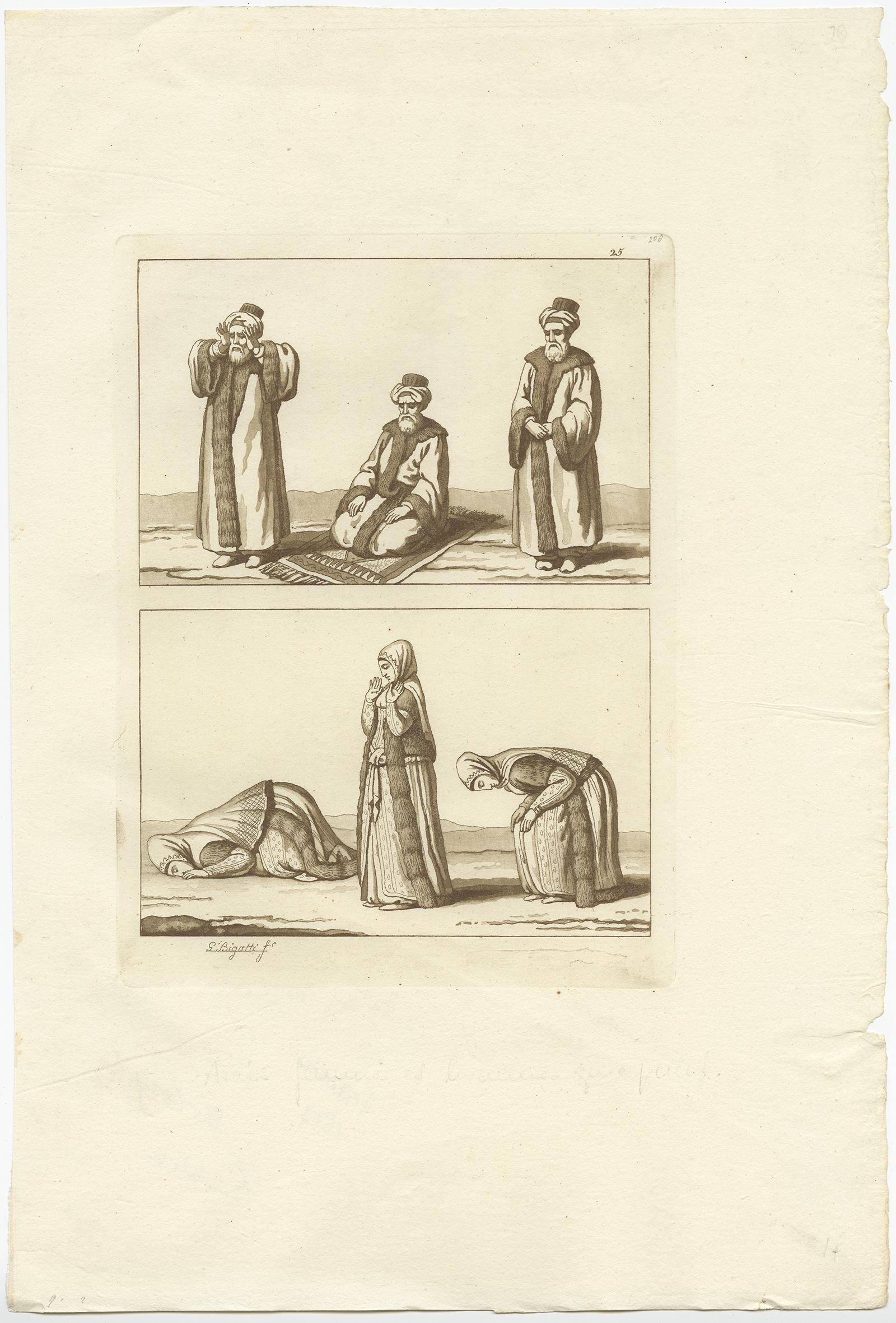 Untitled print depicting Arab men and women praying towards Mecca. 

This print originates from 'Il Costume Antico e Moderno ...' , by Giulio Ferrario, published in Milan in 21 volumes by Antonio Fortunato Stella in 1827 (first edition, second