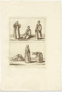 Impression ancienne originale d'hommes et de femmes arabes priant vers la Mecque, 1827