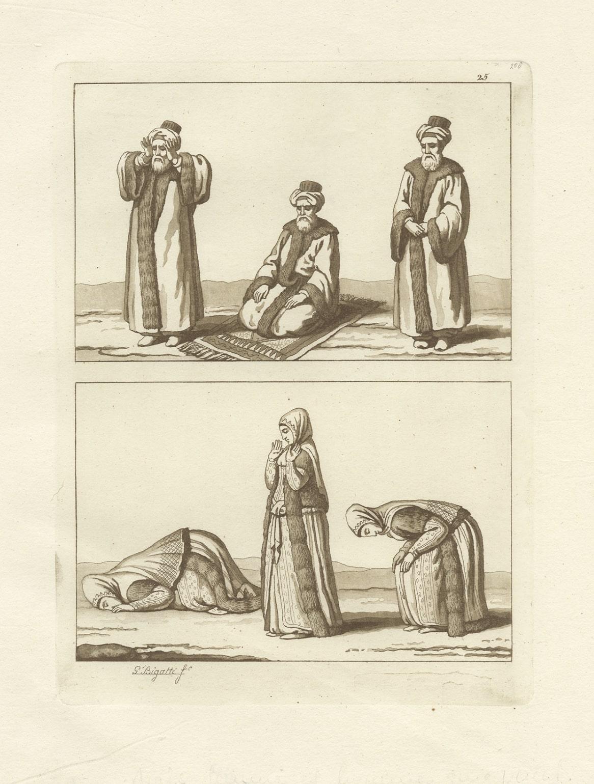 Original Antique Print of Arab Men and Women Praying Towards Mecca, 1827 In Good Condition For Sale In Langweer, NL