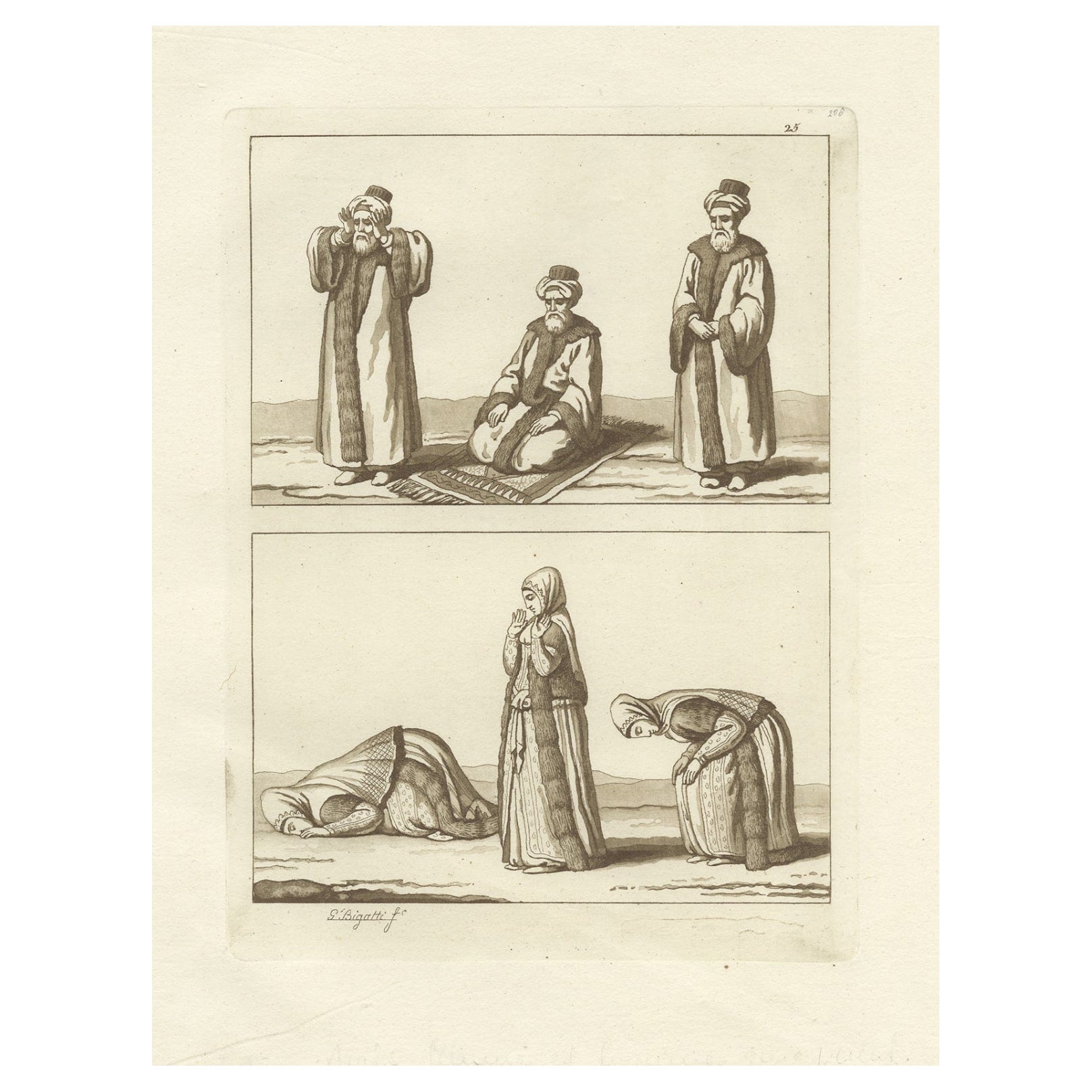 Original Antiker antiker Druck arabischer Männer und Frauen im Gebet nach Mekka, 1827