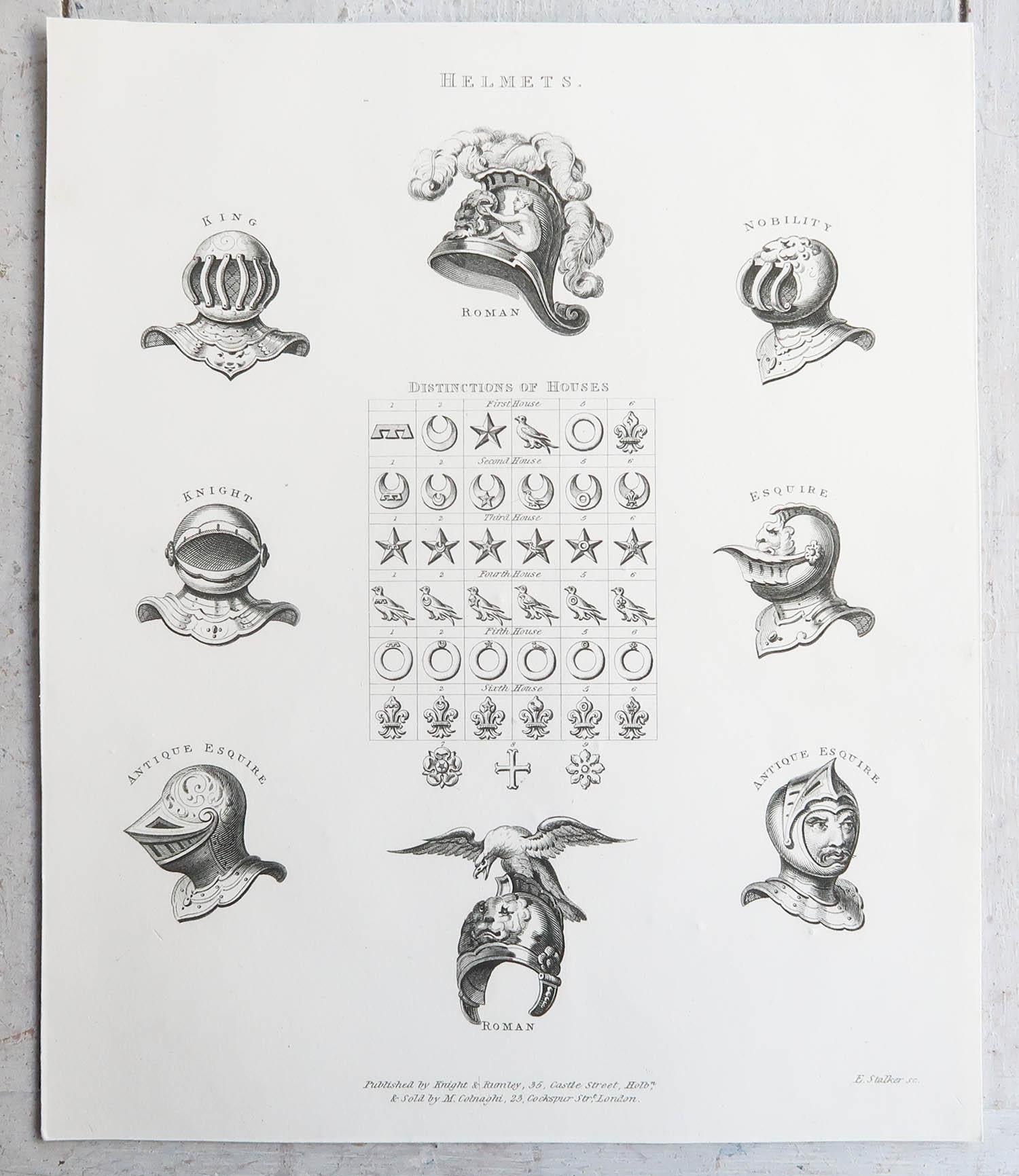 English Original Antique Print of Armour / Helmets, Circa 1820 For Sale