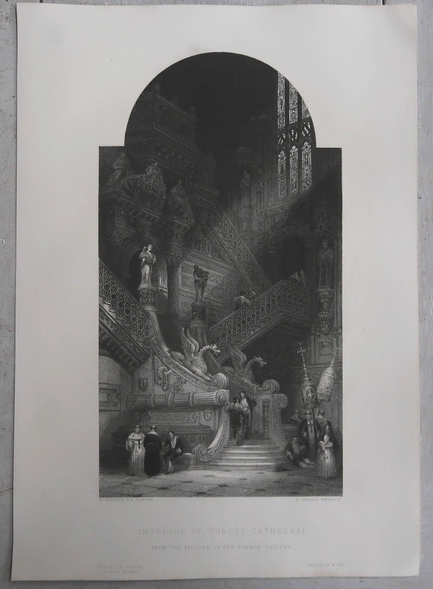 Classical Roman Original Antique Print of Burgos Cathedral, Spain. After David Roberts. C.1850 For Sale