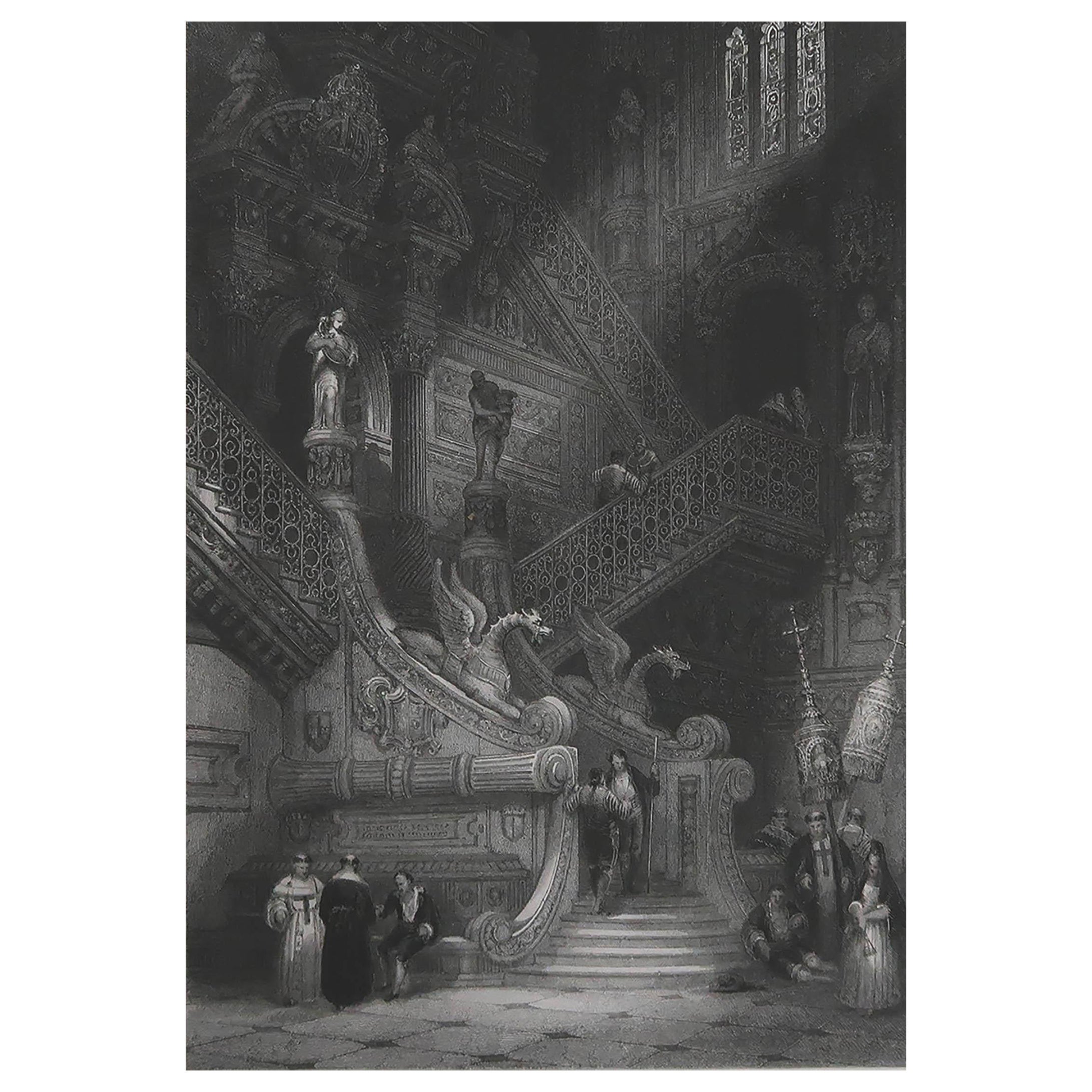 Original Antique Print of Burgos Cathedral, Spain. After David Roberts. C.1850