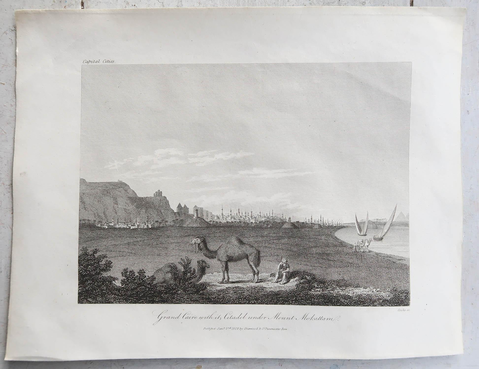 Grabado original antiguo de El Cairo, Egipto. Fechado en 1809 Morisco en venta