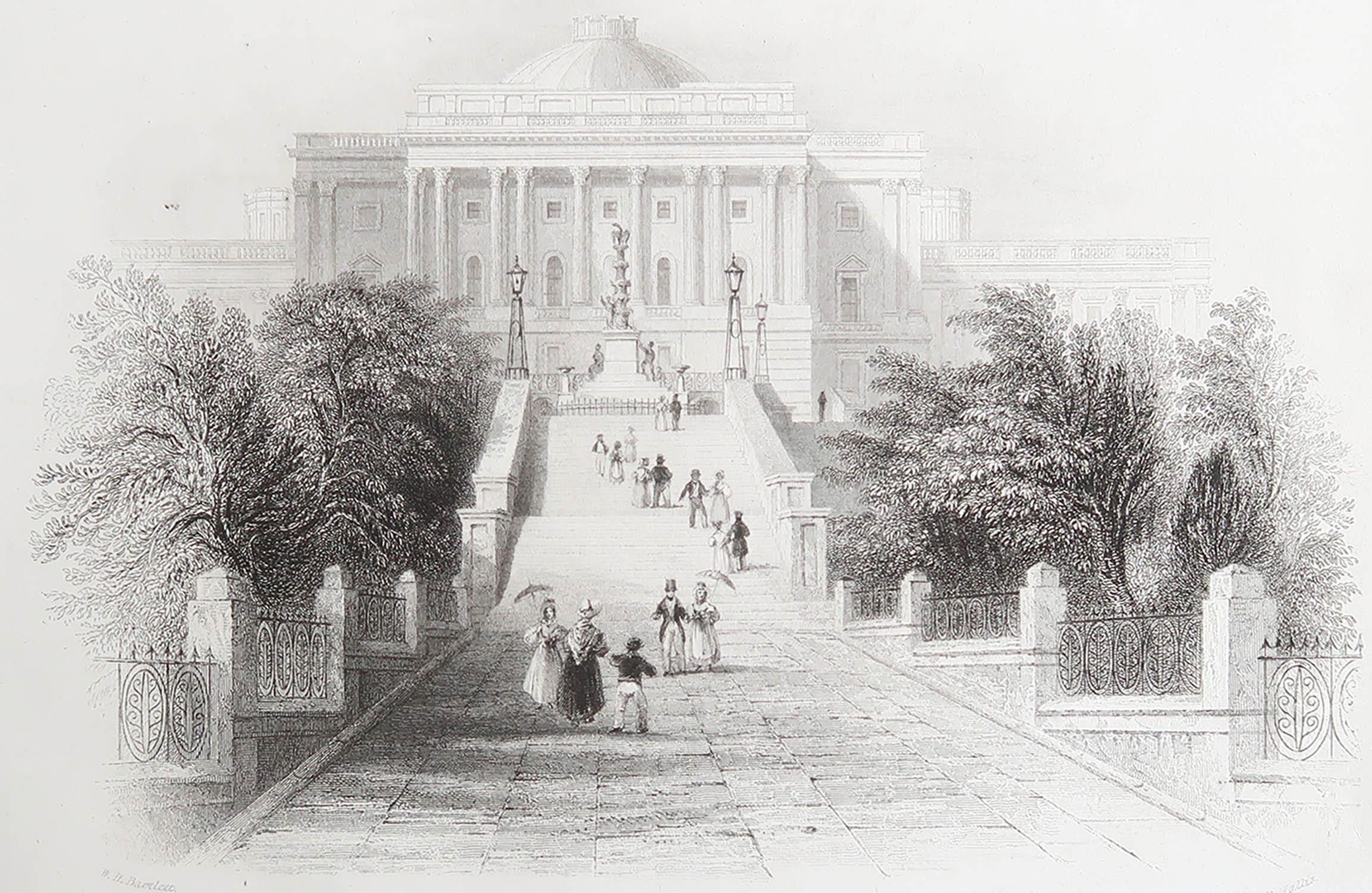 Great print of Capitol Hill, Washington

Steel engraving after W.H Bartlett

Published by Virtue 1837

Unframed.

The measurement is the paper size.

Free shipping
 