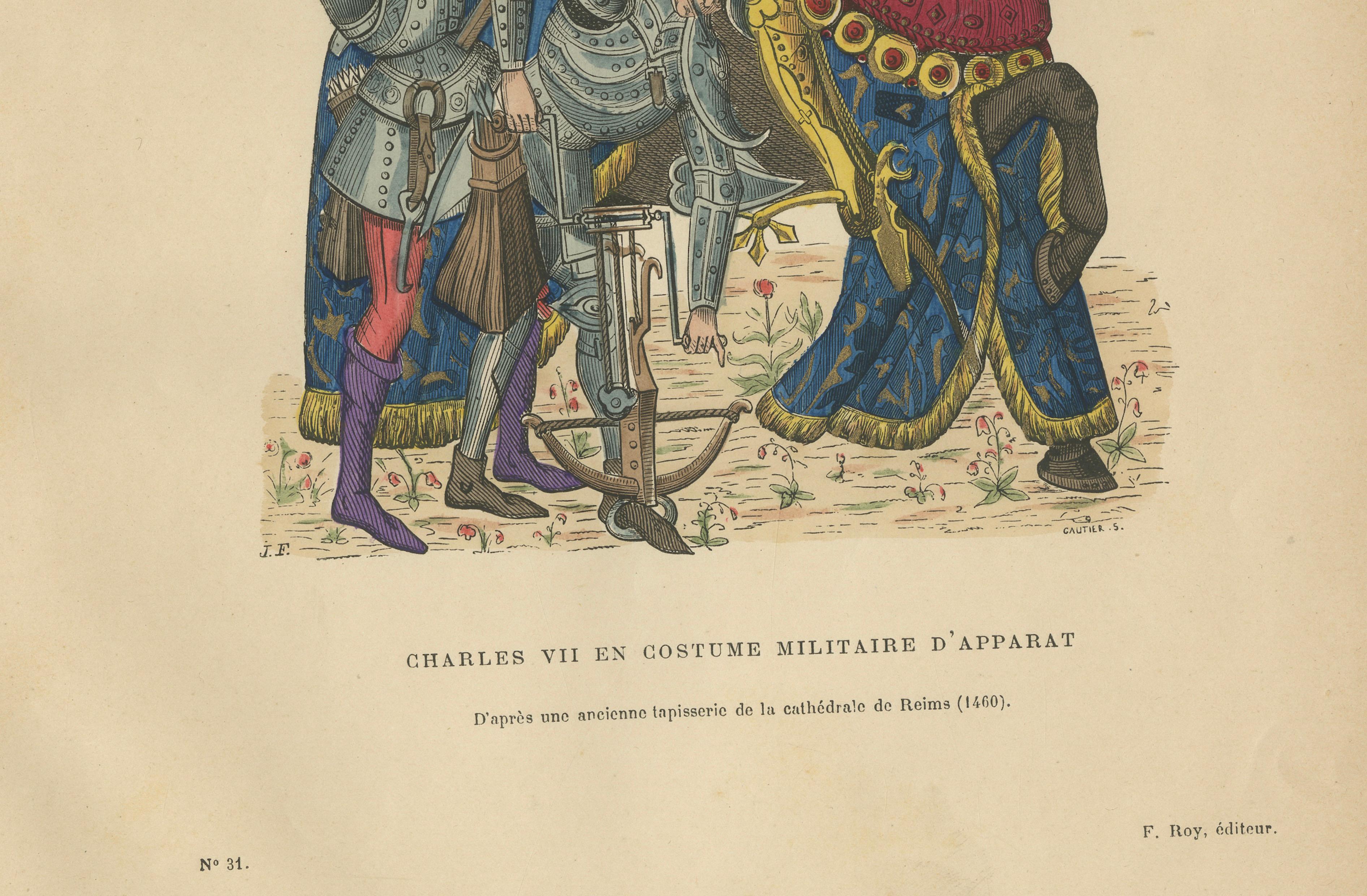 Original Antique Print of Charles VII in Ceremonial Armour - F. Roy, circa 1860