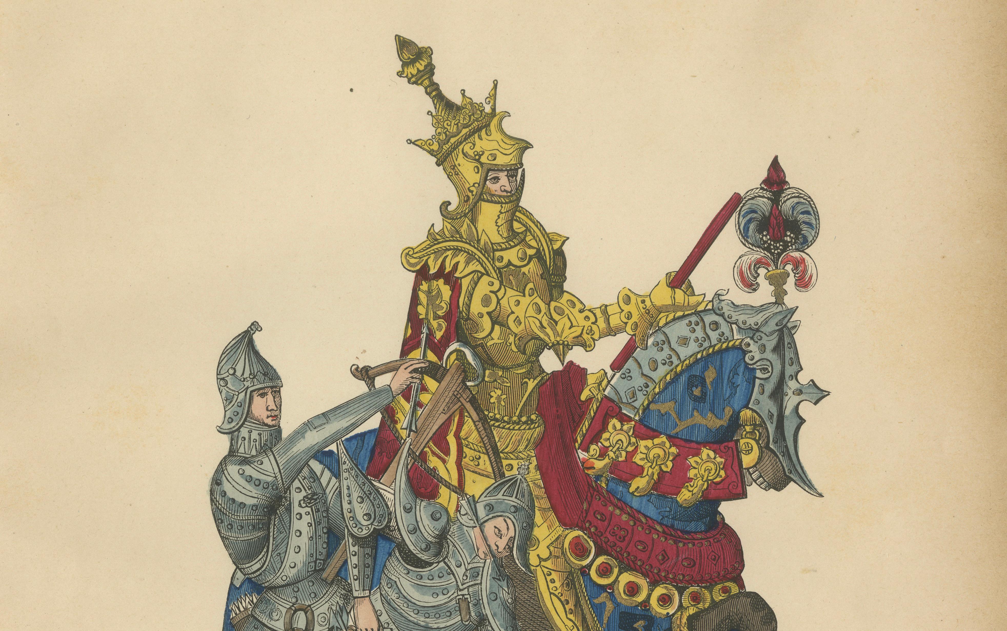 Original Antique Print of Charles VII in Ceremonial Armour - F. Roy, circa 1860