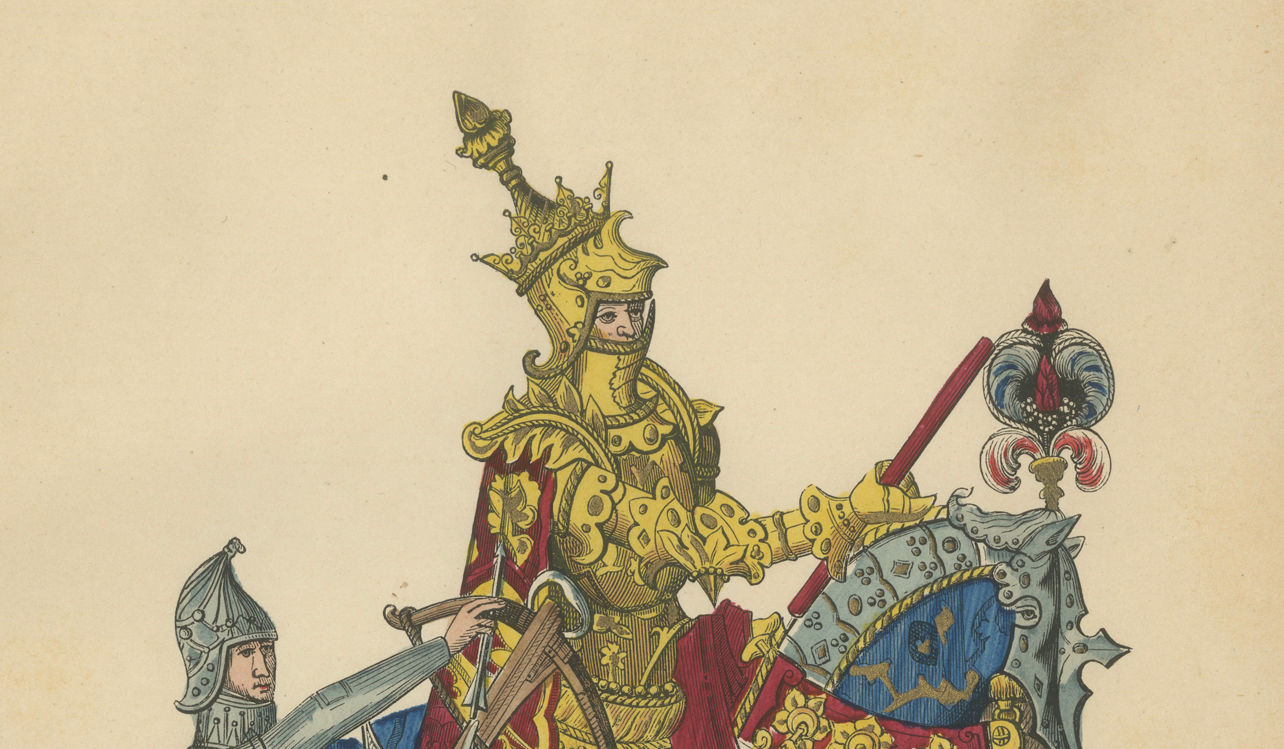 Original Antique Print of Charles VII in Ceremonial Armour - F. Roy, circa 1860