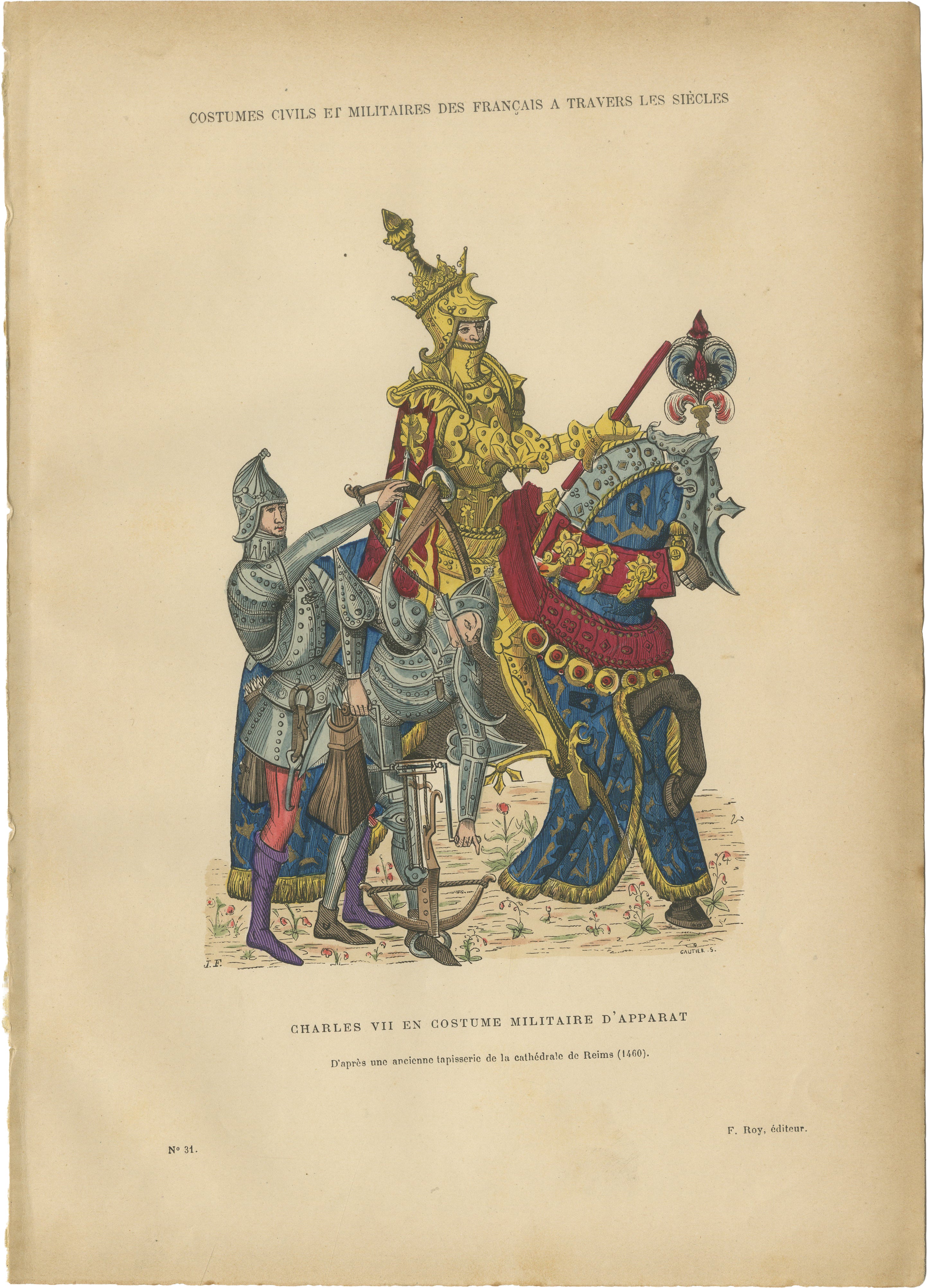 Original Antique Print of Charles VII in Ceremonial Armour - F. Roy, circa 1860