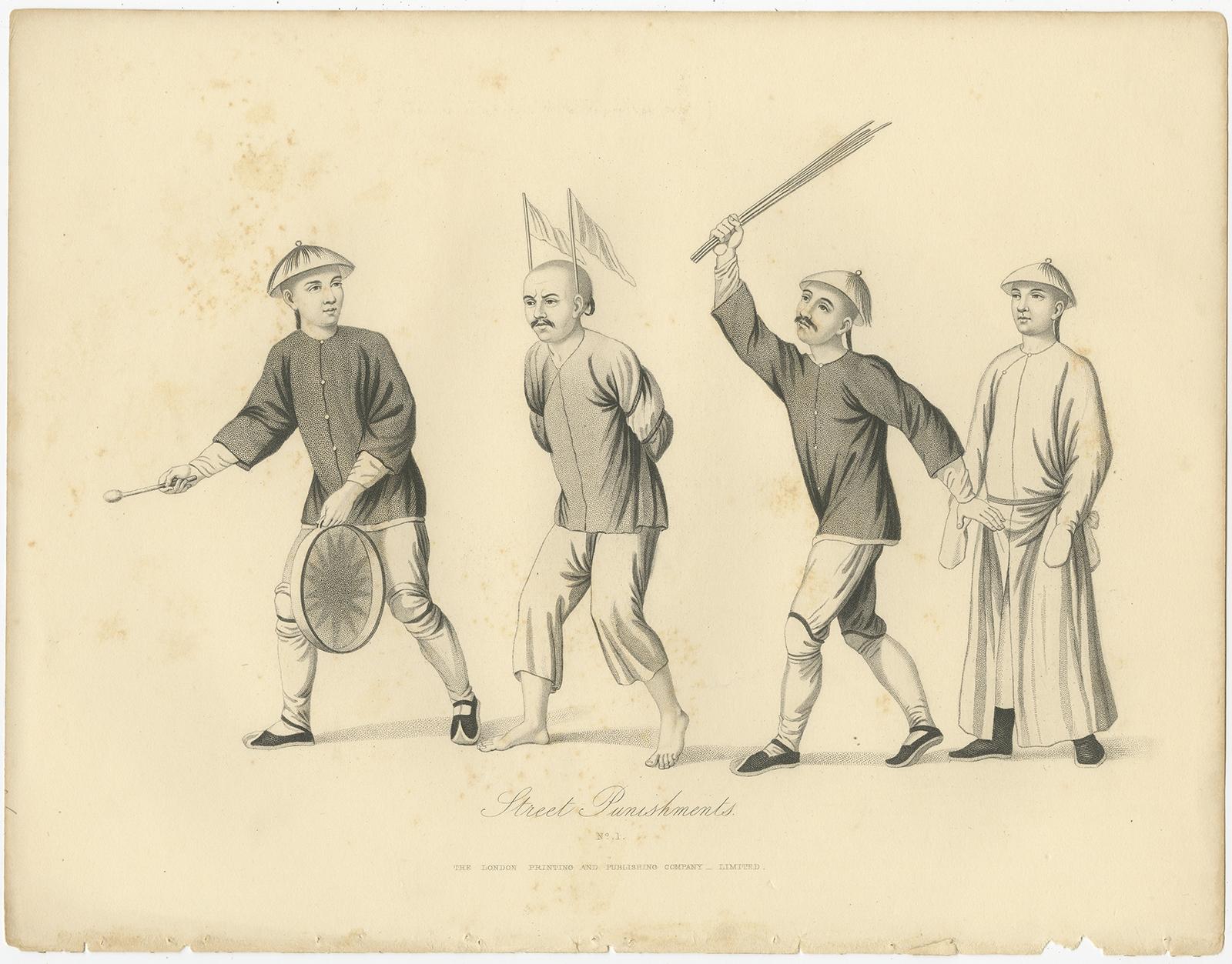 Antique print titled 'No.1 Street Punishments'. 

Print of Chinese street punishments. Shows a prisoner, his arms bound and flags attached to his ears, walking to the left down a street between a man with a drum and another man with a handful of