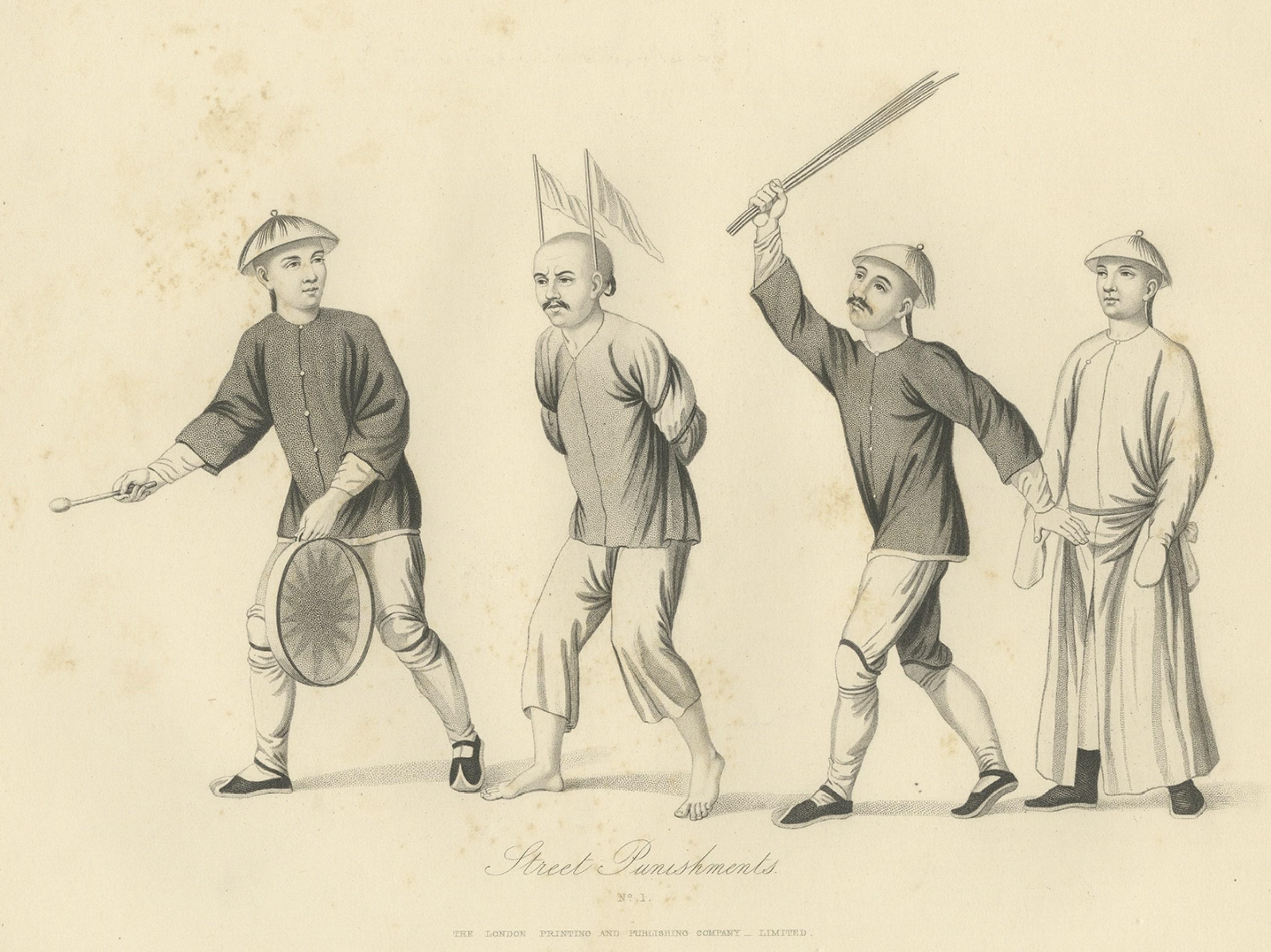 Original Antique Print of Chinese Street Punishments, 1859 In Good Condition For Sale In Langweer, NL