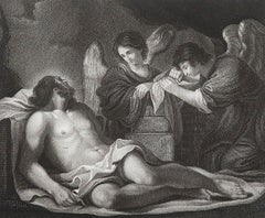 Impression ancienne originale du Christ au Sepulchre d'après Guercino C.1850