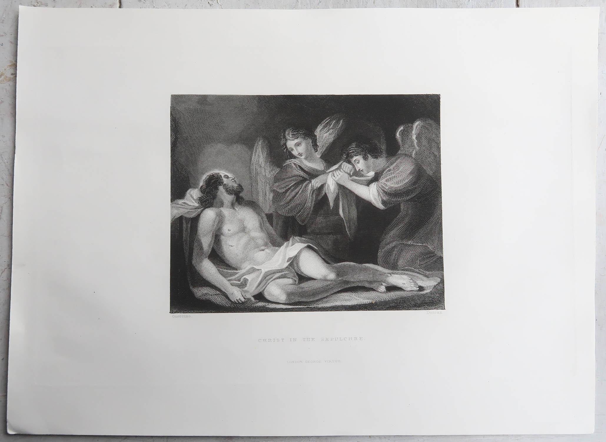 English Original Antique Print of Christ In The Sepulchre After Guercino . C.1850 For Sale