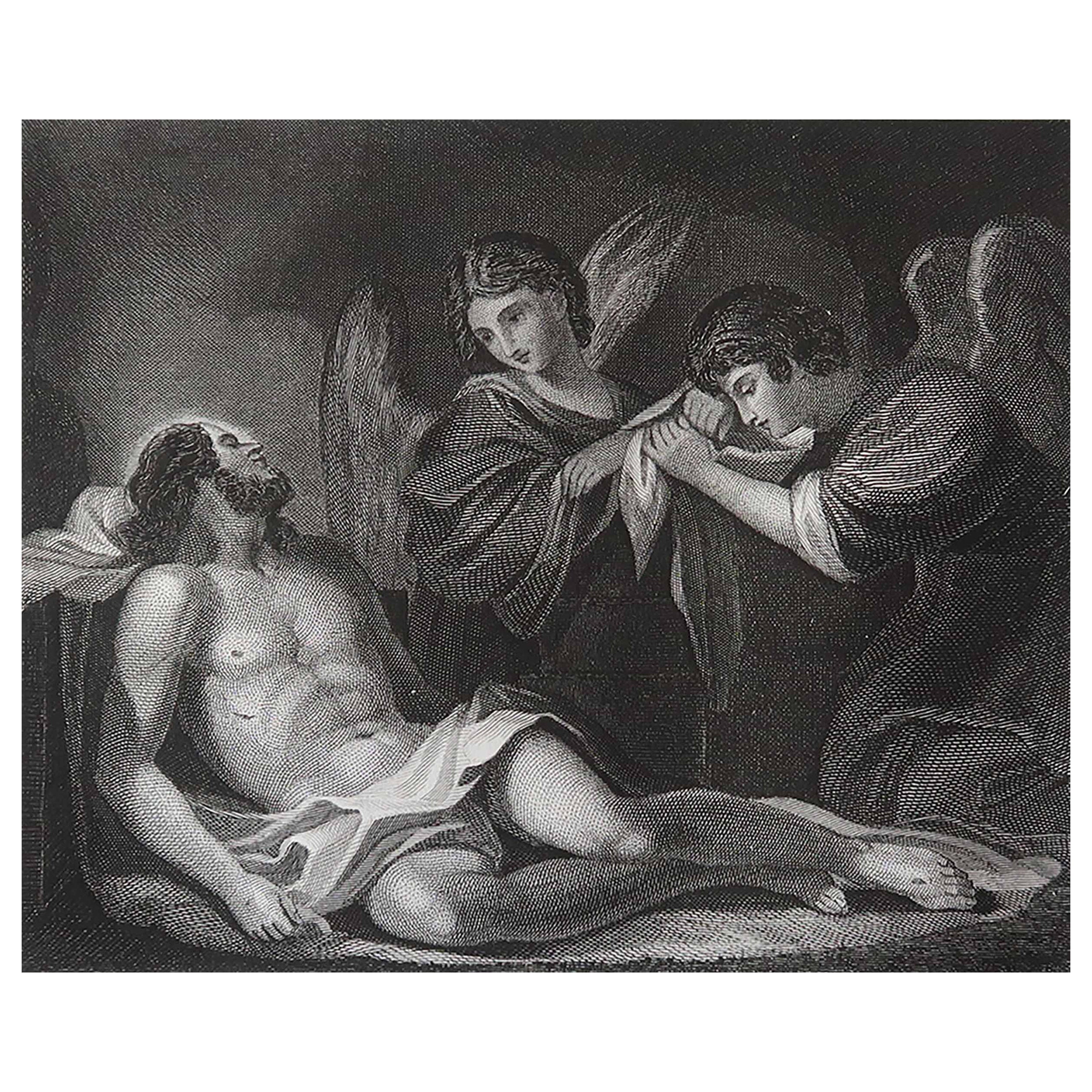 Impression ancienne originale du Christ au Sepulchre d'après Guercino C.1850