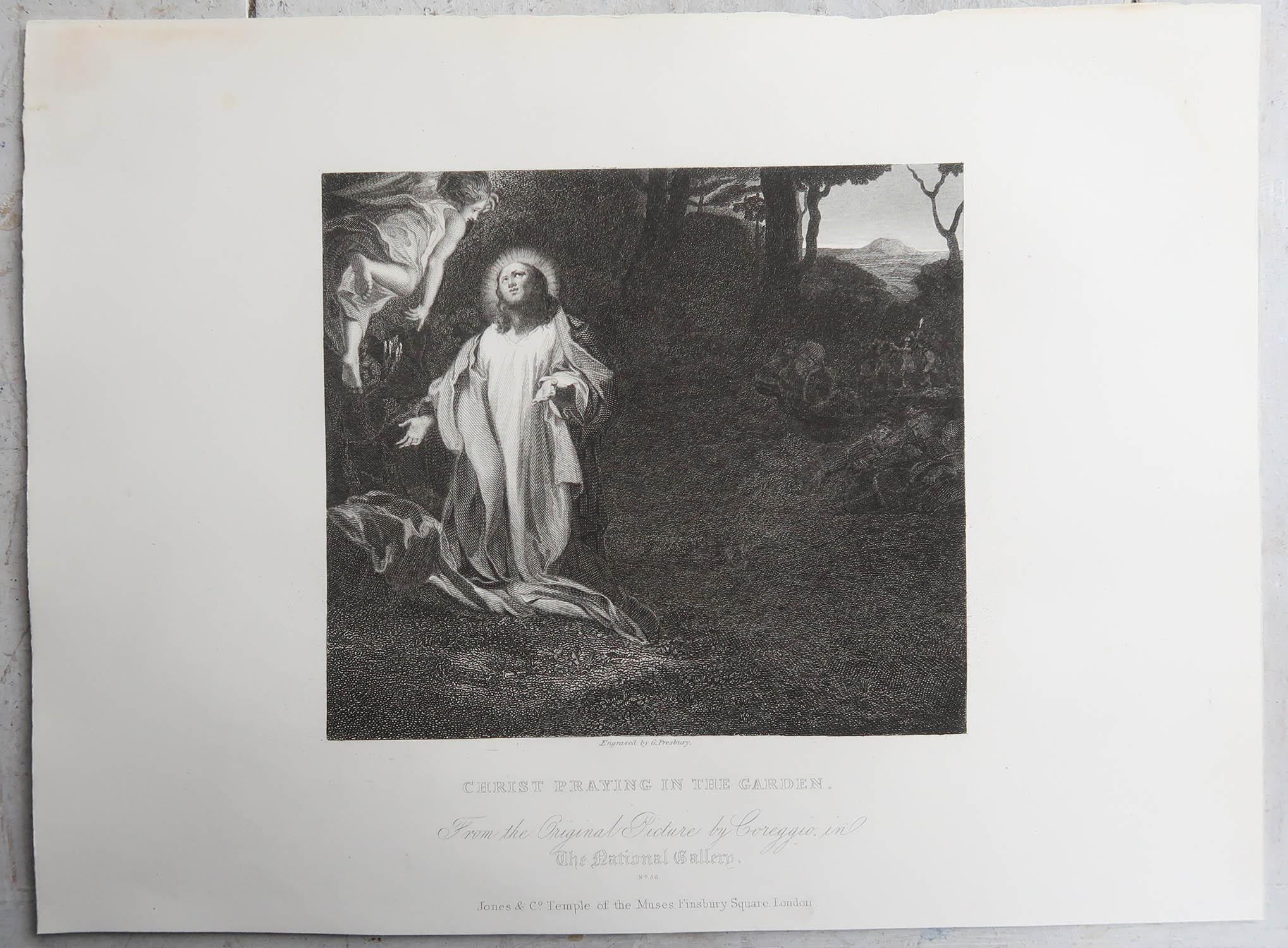 Rinascimento Stampa antica originale di Cristo in preghiera nell'orto secondo Correggio. C.1850 in vendita