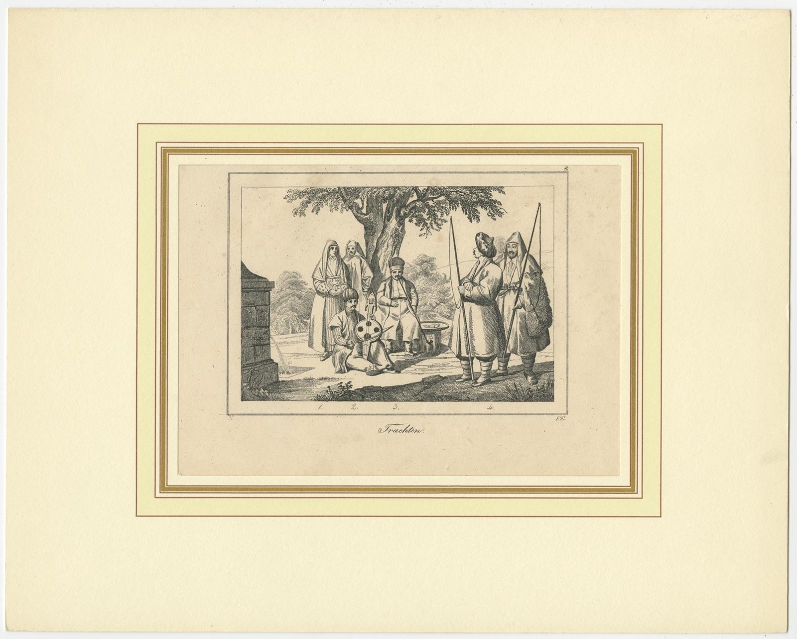 Antique print titled 'Die Krim - Trachten'. 

Original antique print of Crimean costumes. Source unknown, to be determined.

Artists and Engravers: Anonymous.